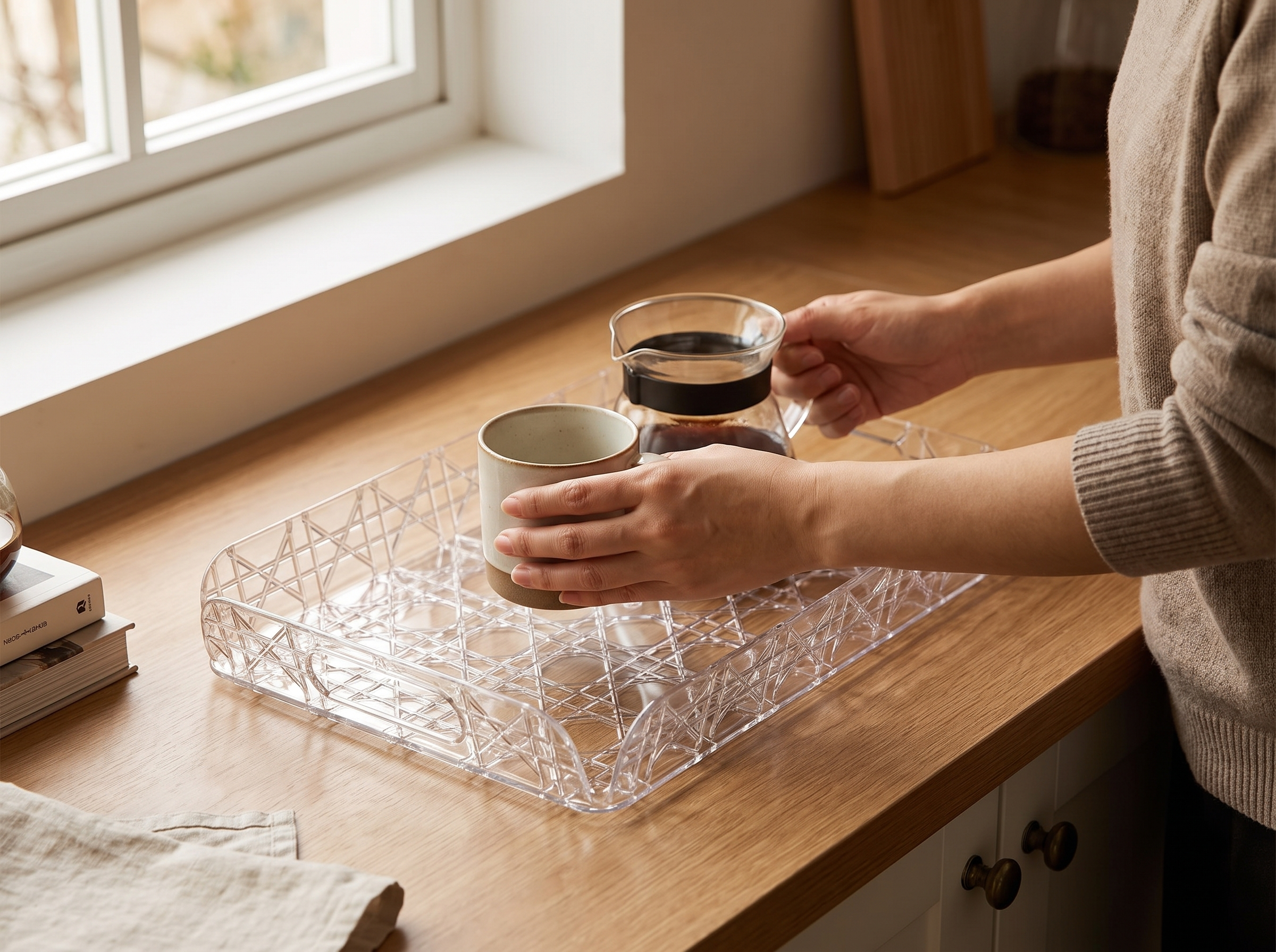 Clear Rectangular Tea and Coffee Tray with Handles – 2 Sizes shown in natural everyday use at home