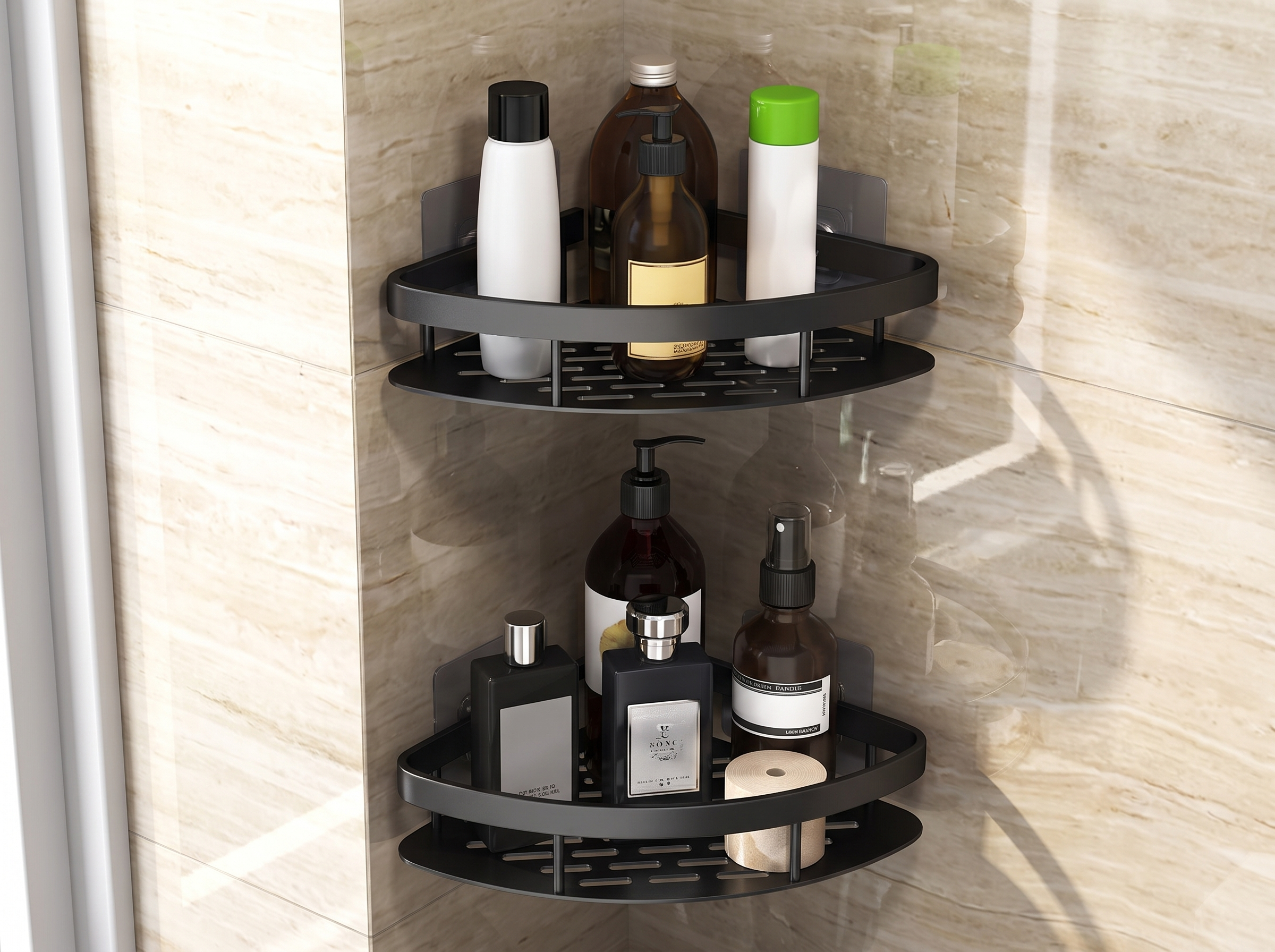 Adhesive Wall-Mount Corner Shelf for Bathroom or Kitchen Organization in a realistic home setting