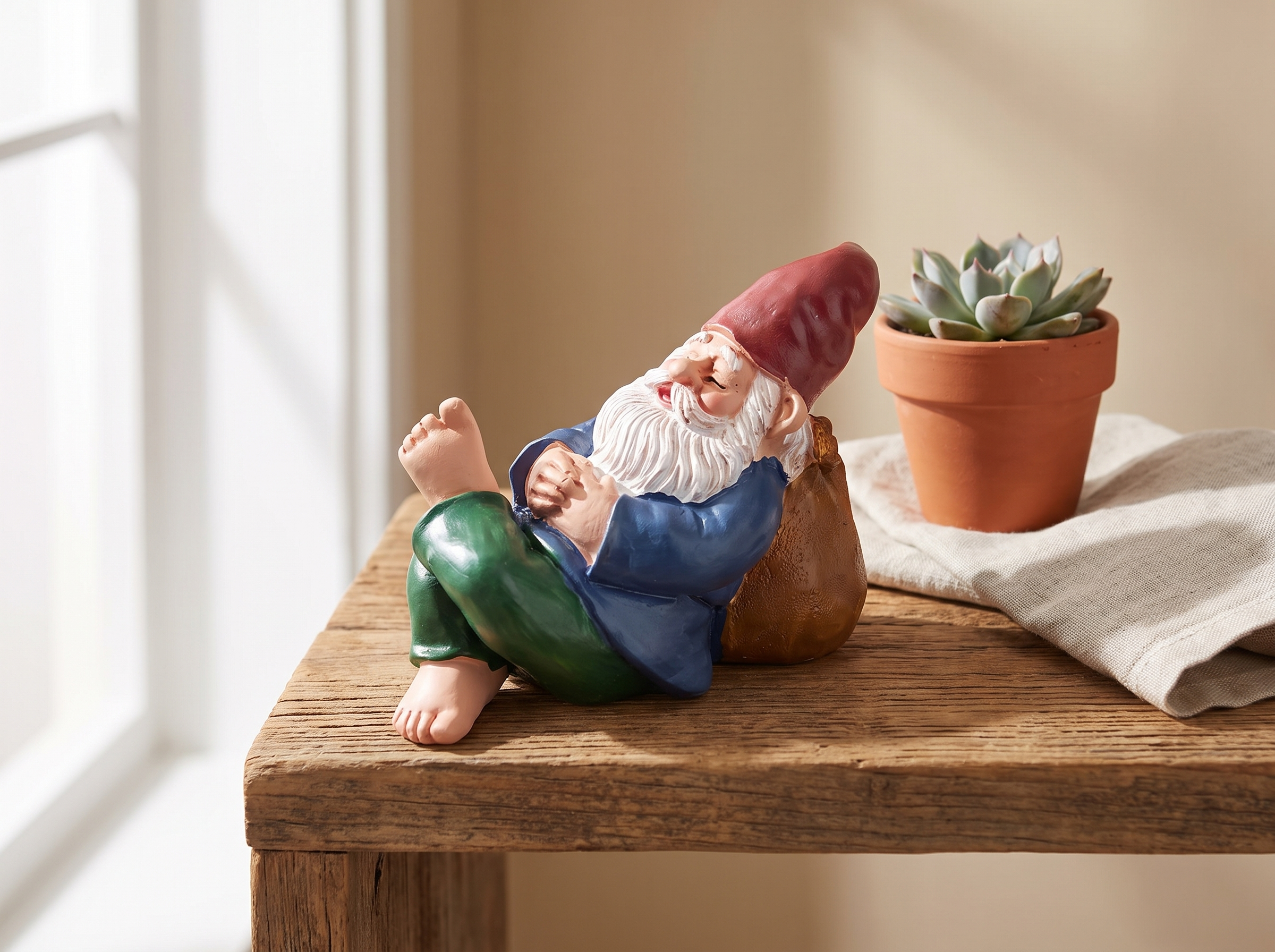 Mini Resin Garden Gnome Statue for Patio or Indoor Decor in a realistic home setting