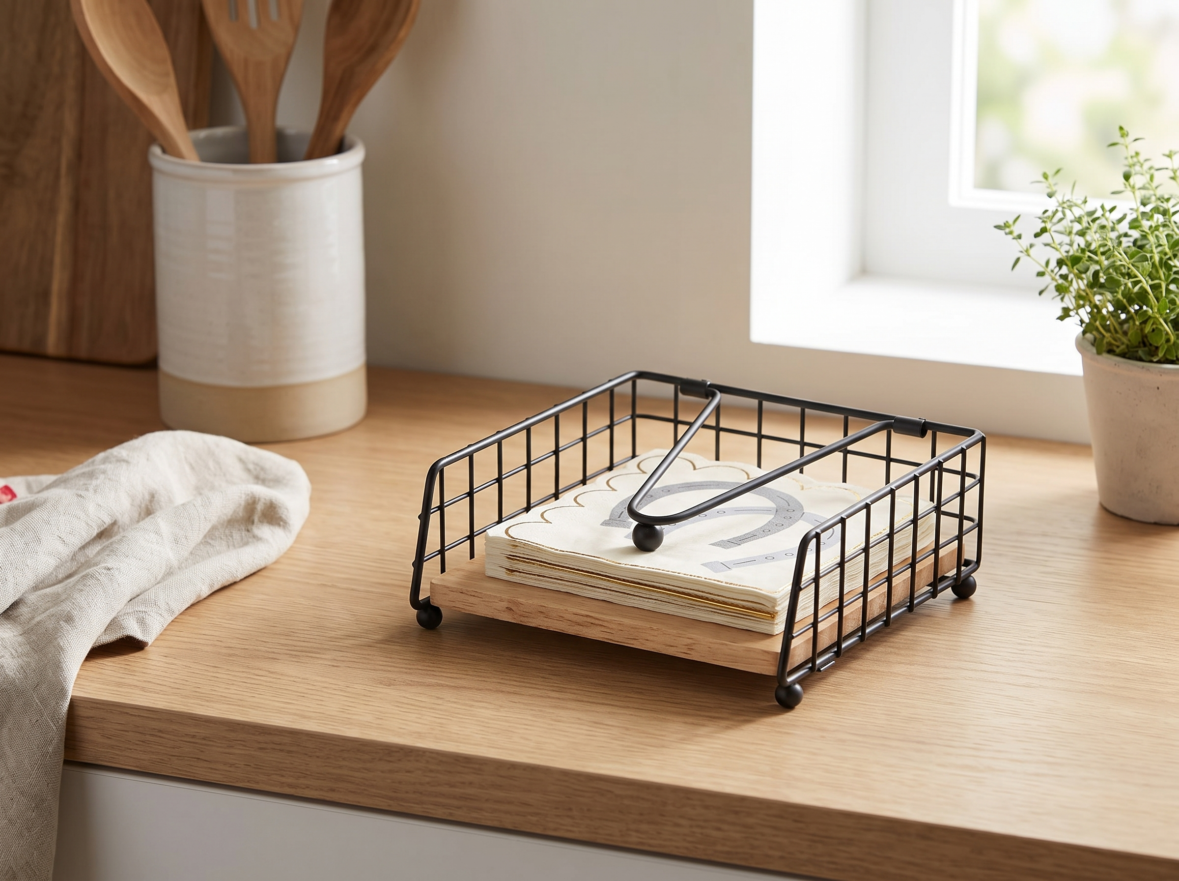 Rustic Metal & Wood Napkin Holder for Kitchen or Dining Table in a realistic home setting