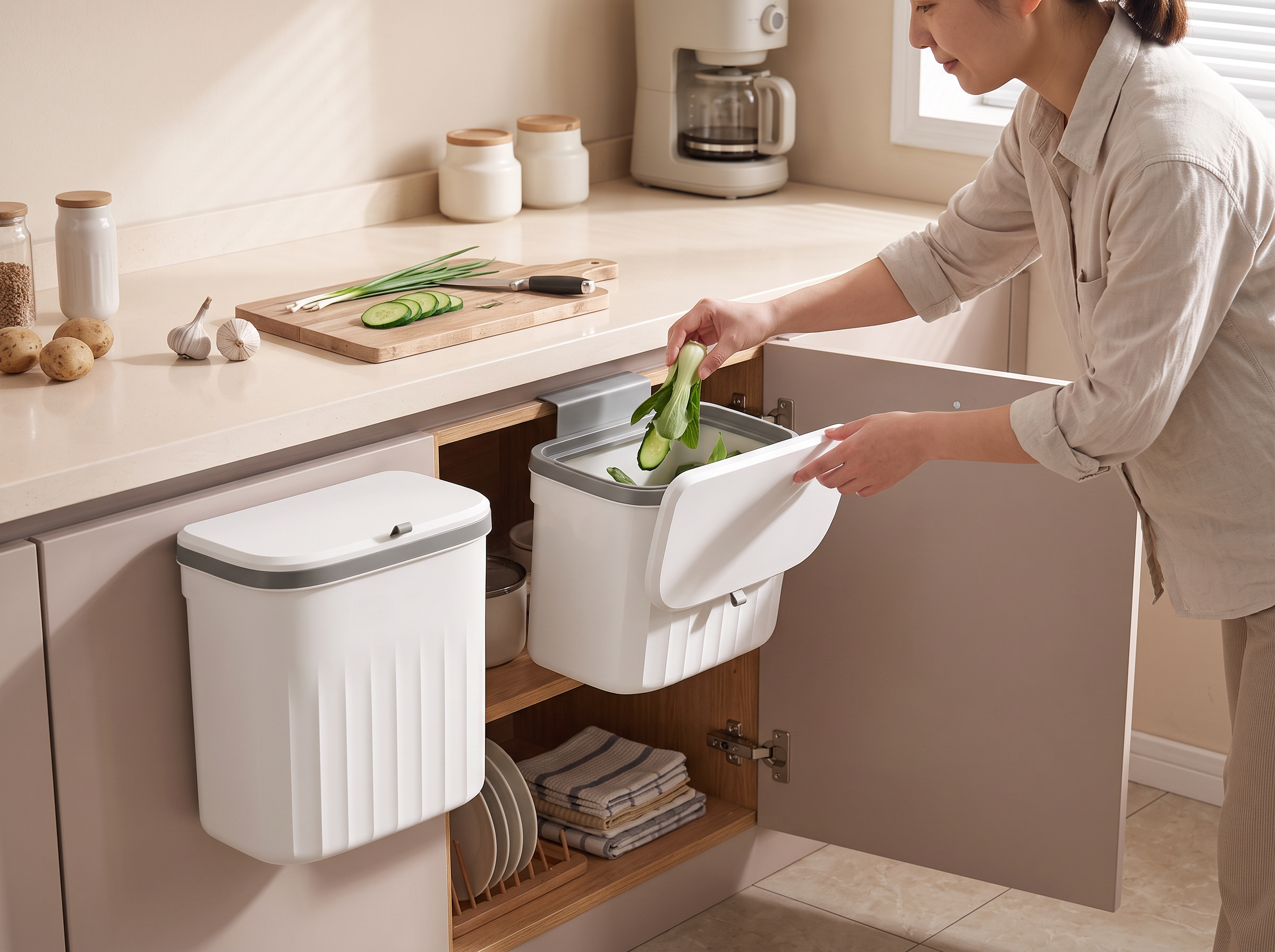 Hanging Kitchen Trash Can with Lid – 8.5L or 12L, Wall or Cabinet Mount shown in natural everyday use at home