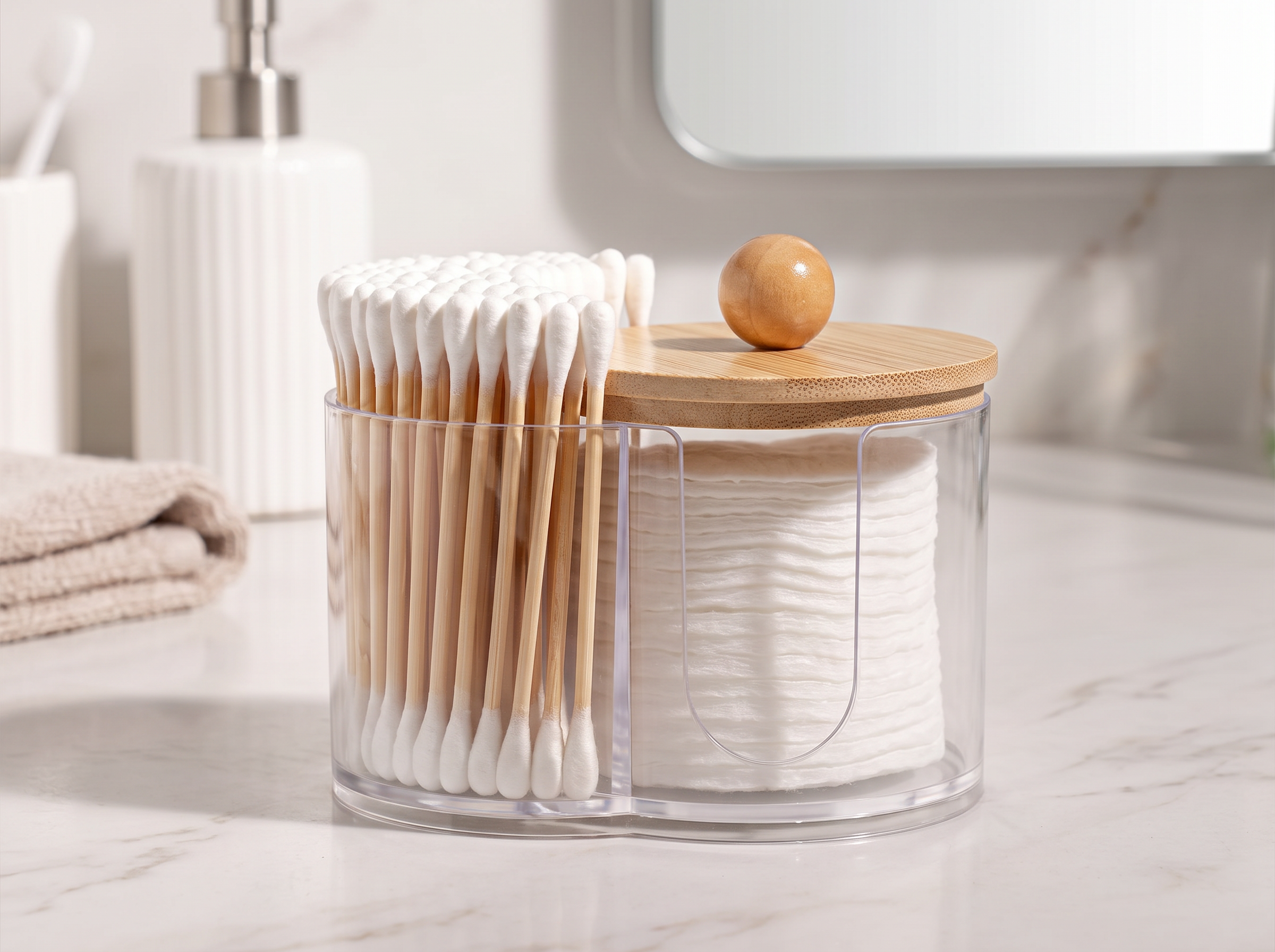 Divided Cotton Pad & Swab Organizer with Lid for Bathroom Counters in a realistic home setting