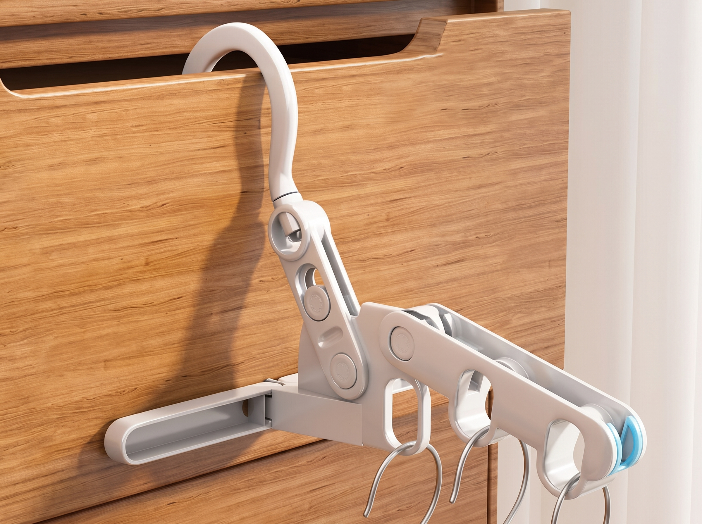 Foldable Five-Hole Clothes Drying Rack for Closet and Travel, Sky Blue in a realistic home setting