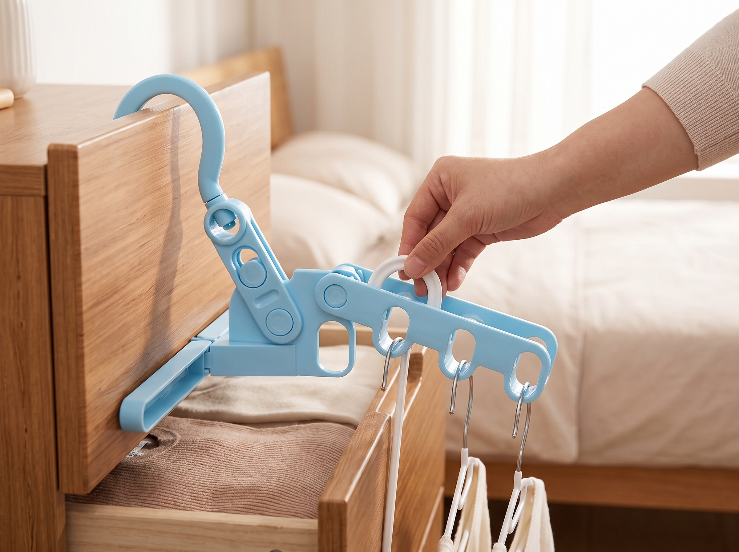 Foldable Five-Hole Clothes Drying Rack for Closet and Travel, Sky Blue shown in natural everyday use at home