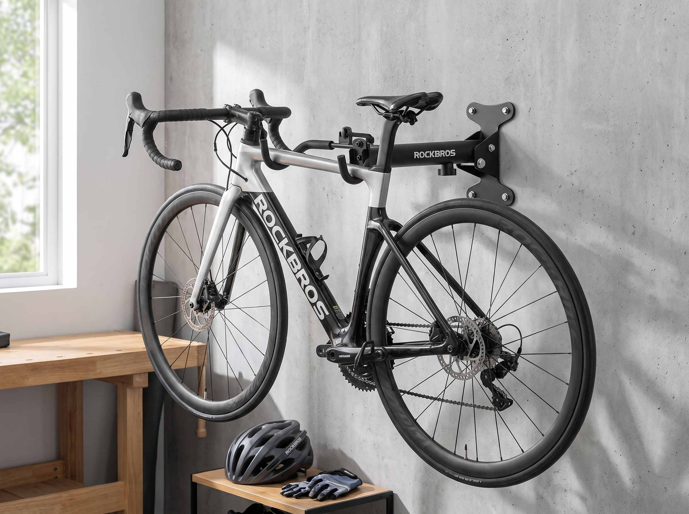 Wall-Mounted Folding Bike Rack with Adjustable Arm in a realistic home setting