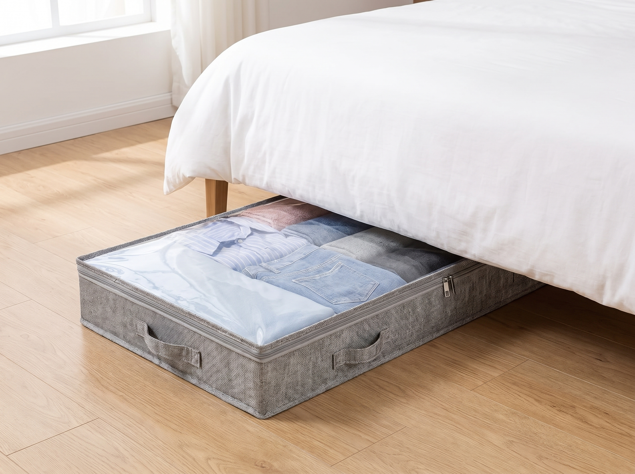 Rolling Underbed Storage Bin with Clear Lid for Clothes & Blankets in a realistic home setting