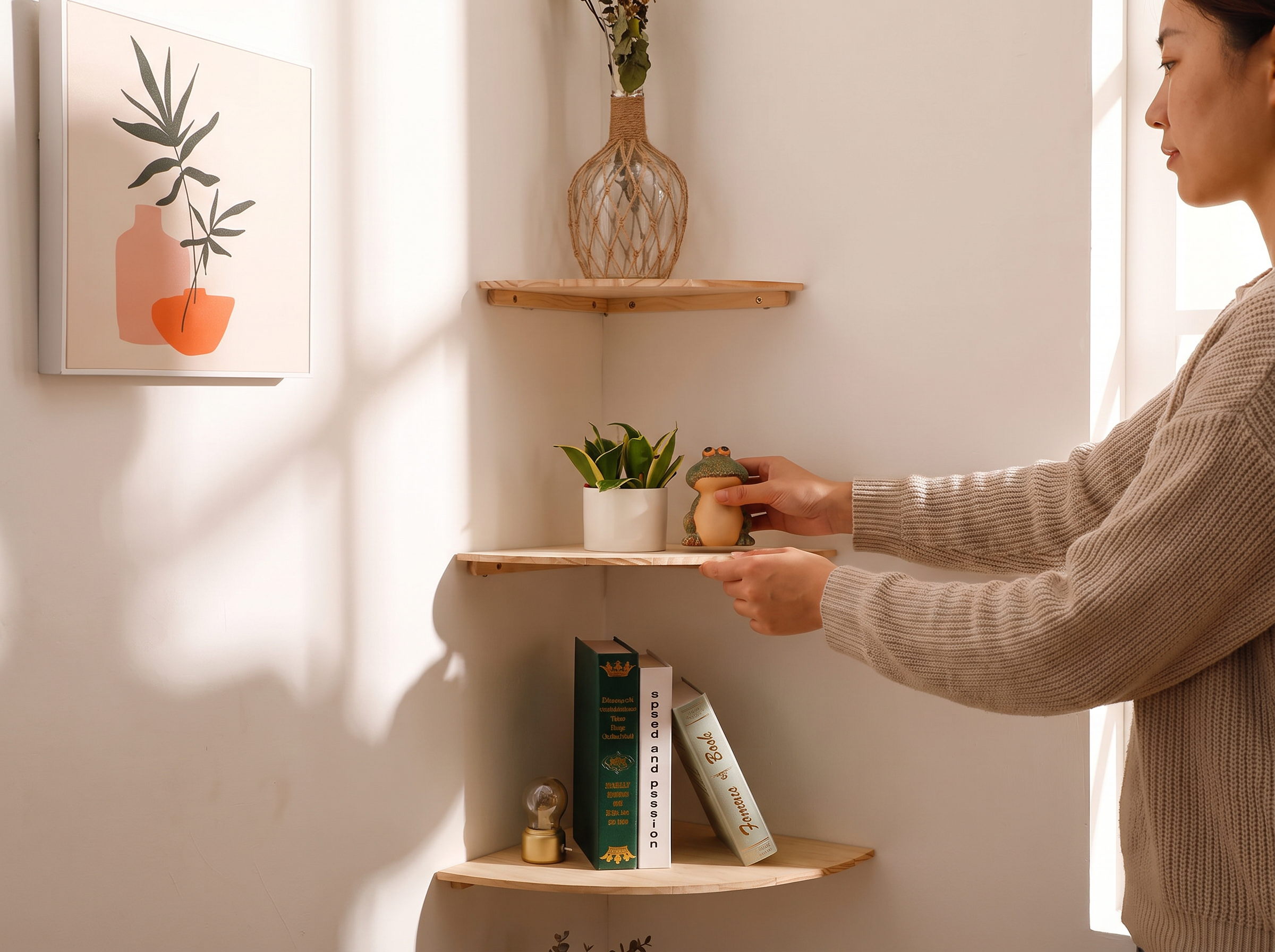 Scalloped Wooden Corner Wall Shelf for Living Room, Bedroom, or Kitchen shown in natural everyday use at home