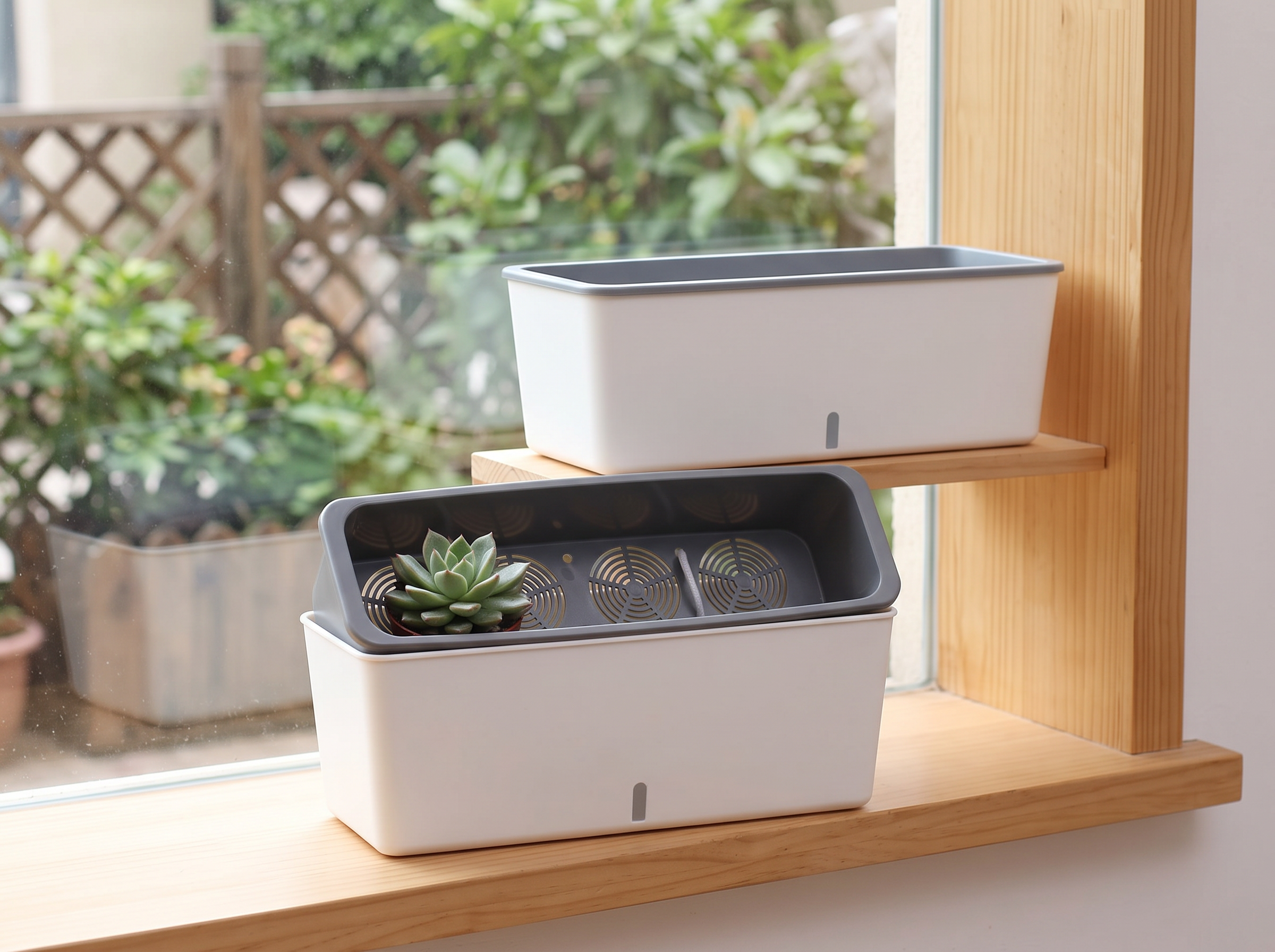 Self-Watering Planter Box with Water Level Indicator – Indoor Modern Window Sill Pot in a realistic home setting