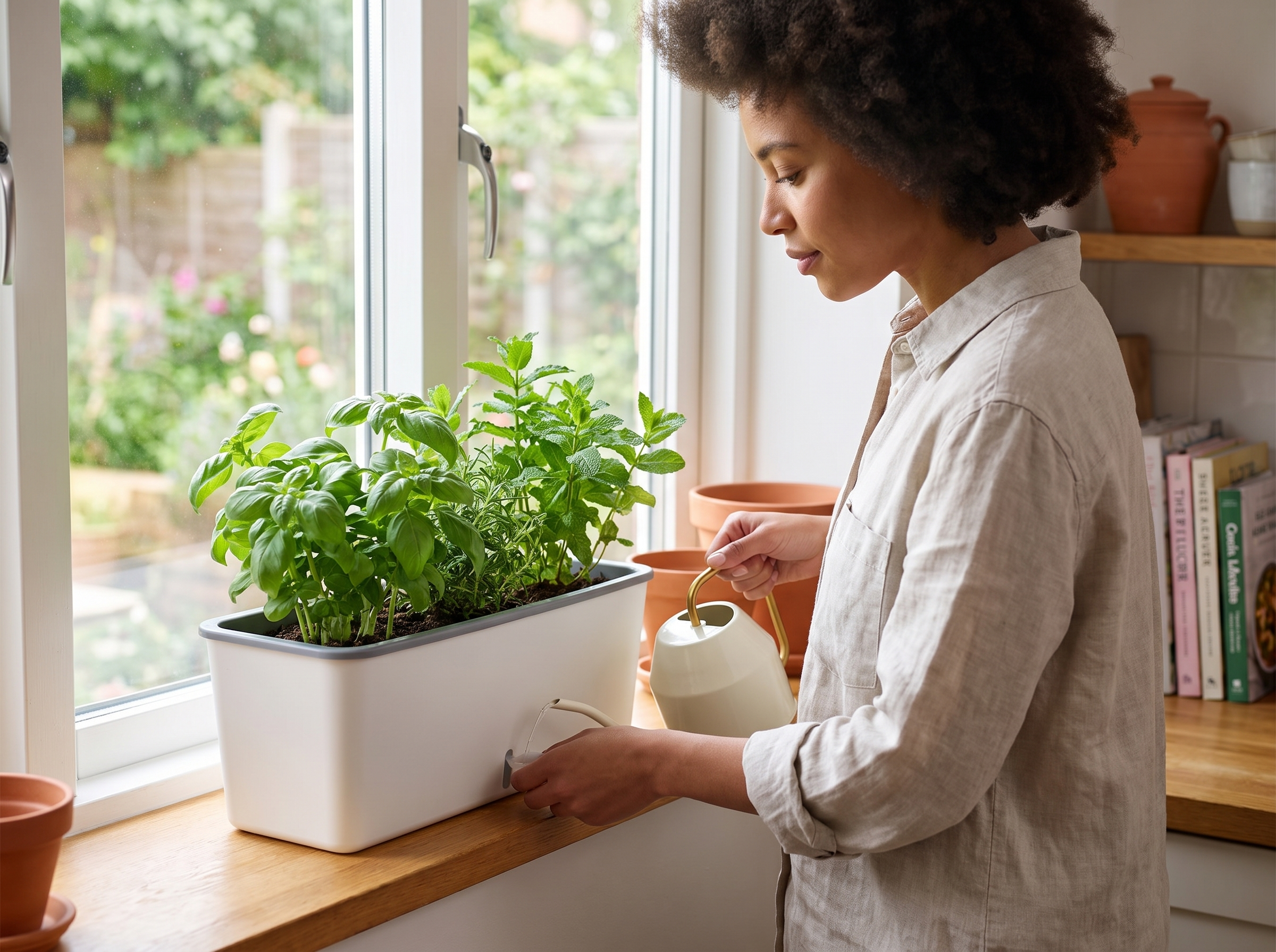 Self-Watering Planter Box with Water Level Indicator – Indoor Modern Window Sill Pot shown in natural everyday use at home