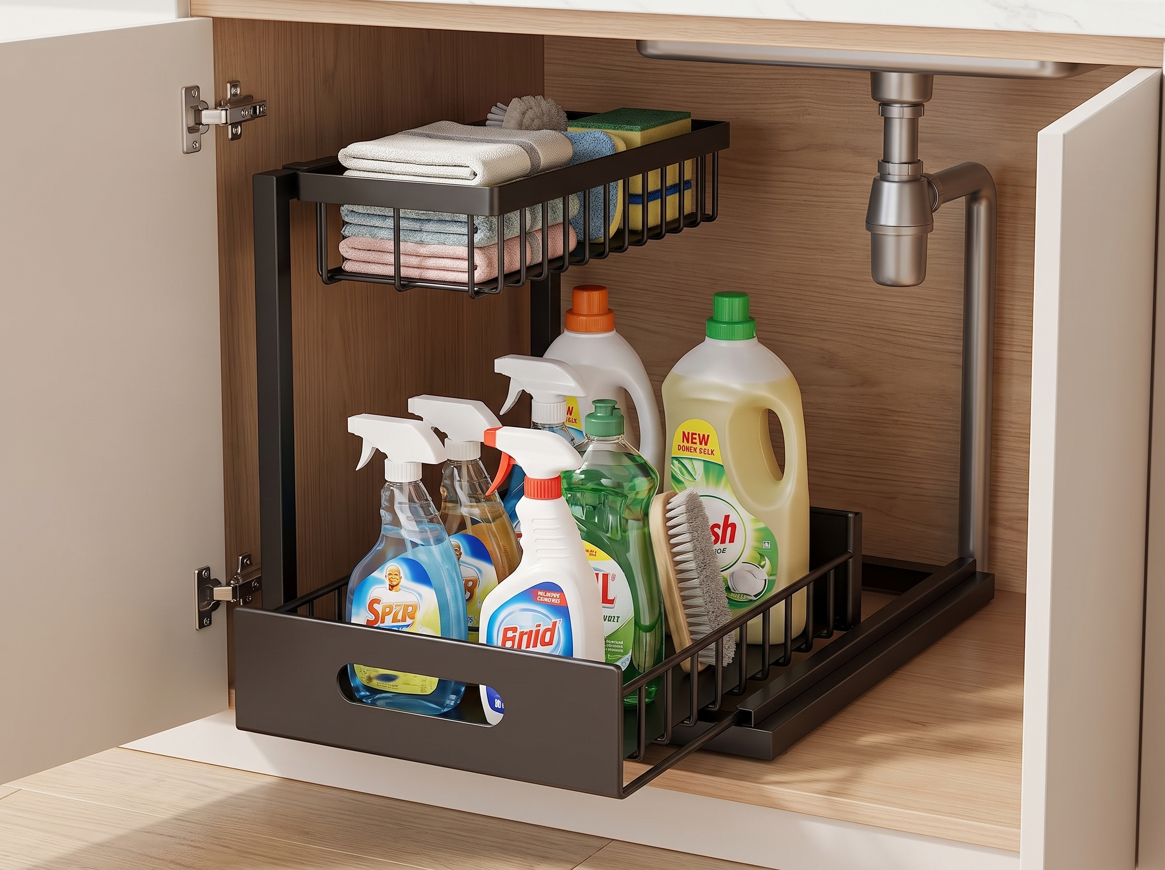 Steel Under Sink Pull-Out Organizer for Cabinets – Black or White in a realistic home setting