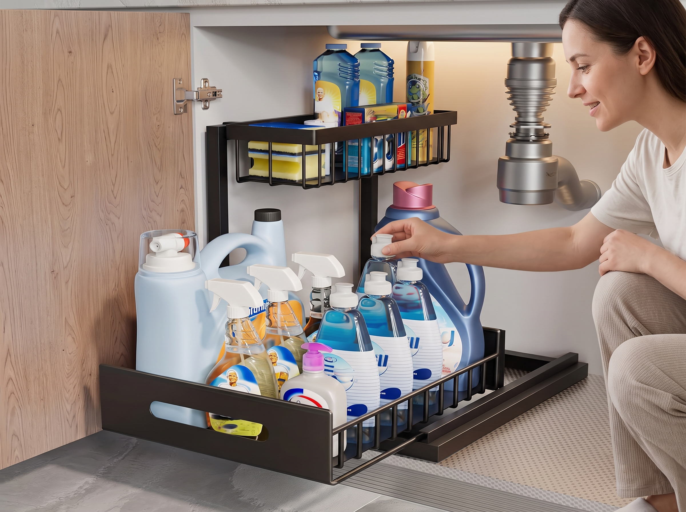 Steel Under Sink Pull-Out Organizer for Cabinets – Black or White shown in natural everyday use at home