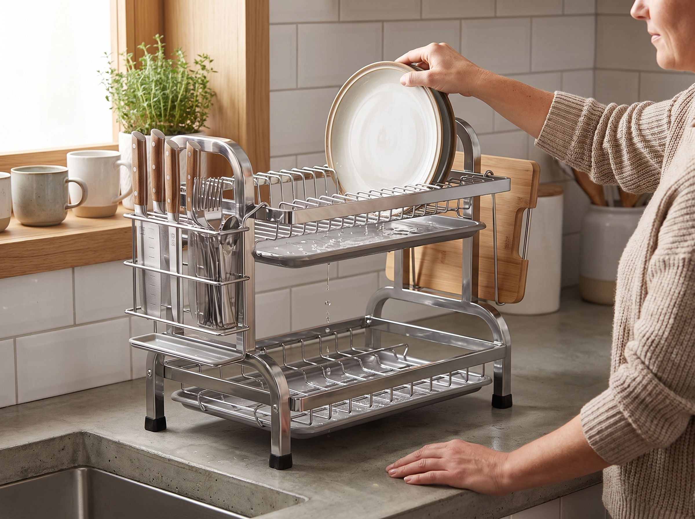 Compact 2-Tier Metal Dish Drying Rack with Utensil and Board Holder shown in natural everyday use at home
