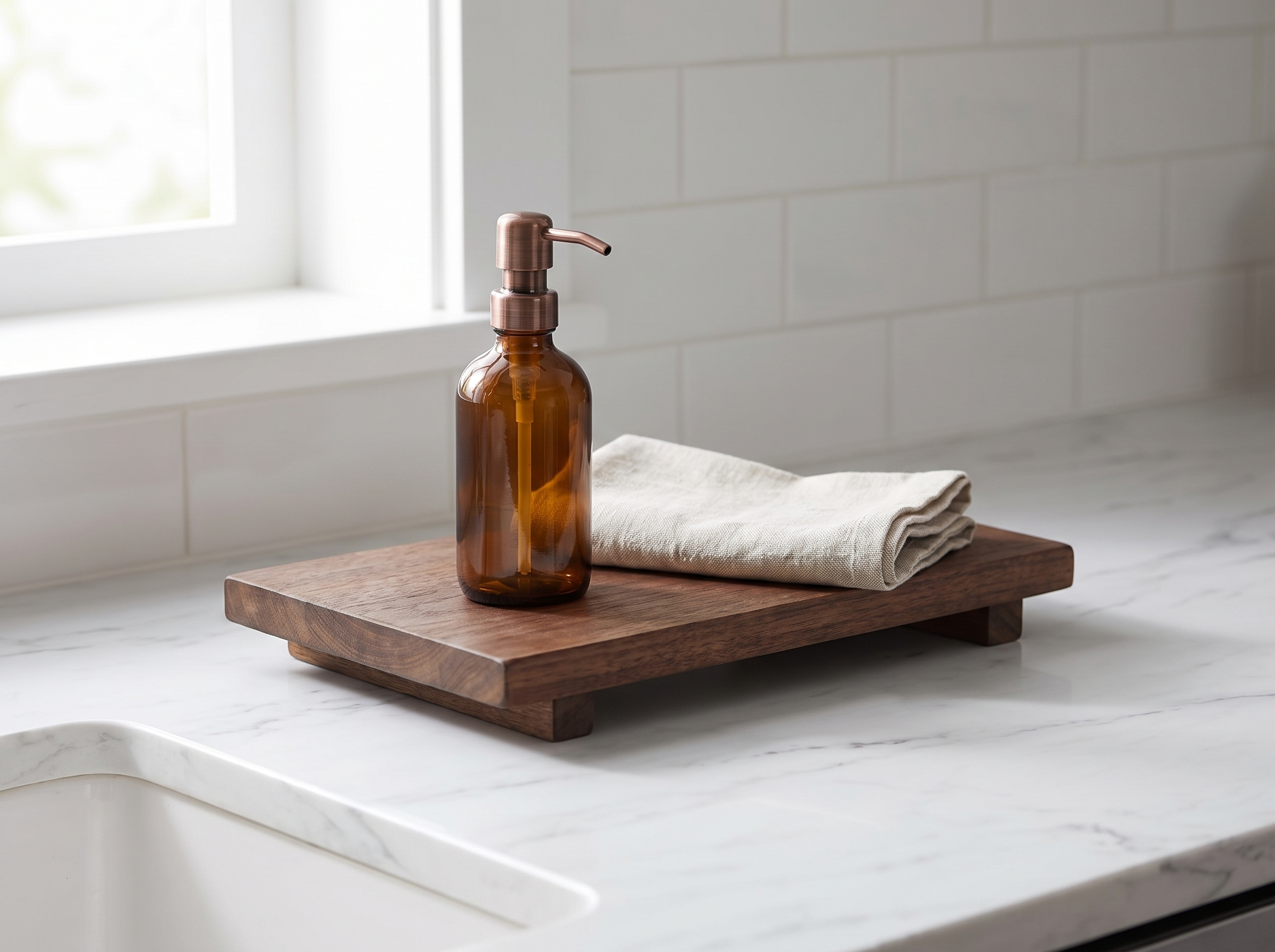 Vintage Wooden Decorative Tray for Bathroom, Kitchen, or Nightstand in a realistic home setting