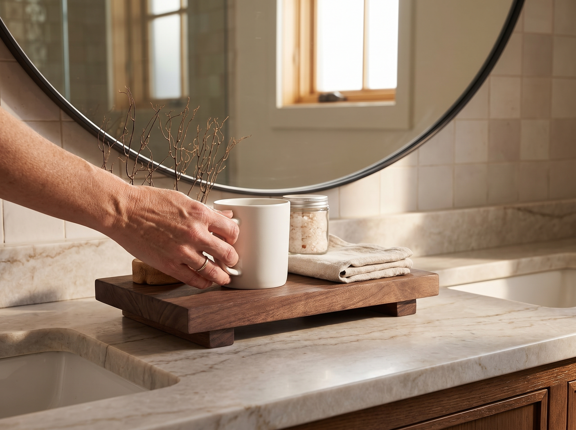 Vintage Wooden Decorative Tray for Bathroom, Kitchen, or Nightstand shown in natural everyday use at home