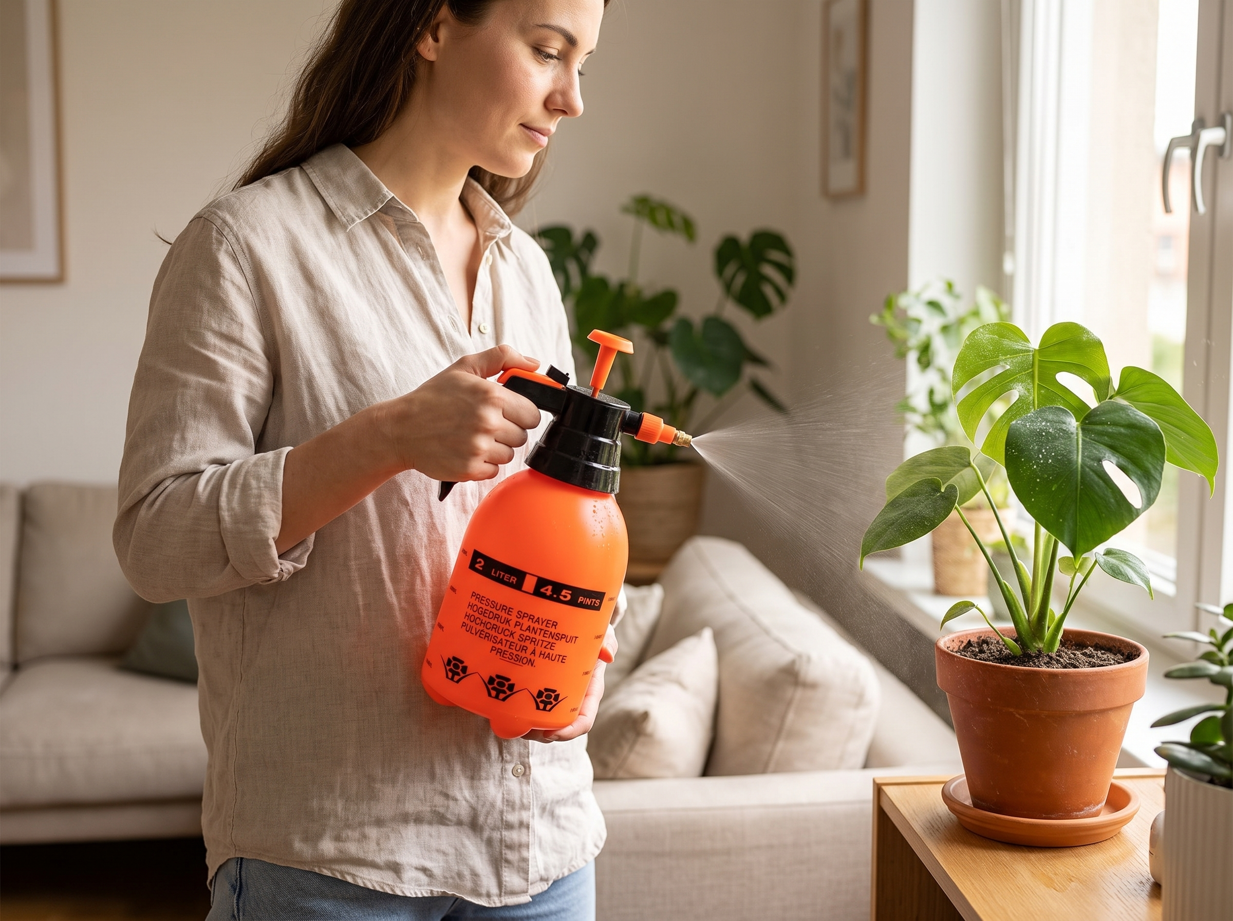 2L Adjustable Spray Bottle Watering Can for Indoor & Outdoor Plants shown in natural everyday use at home