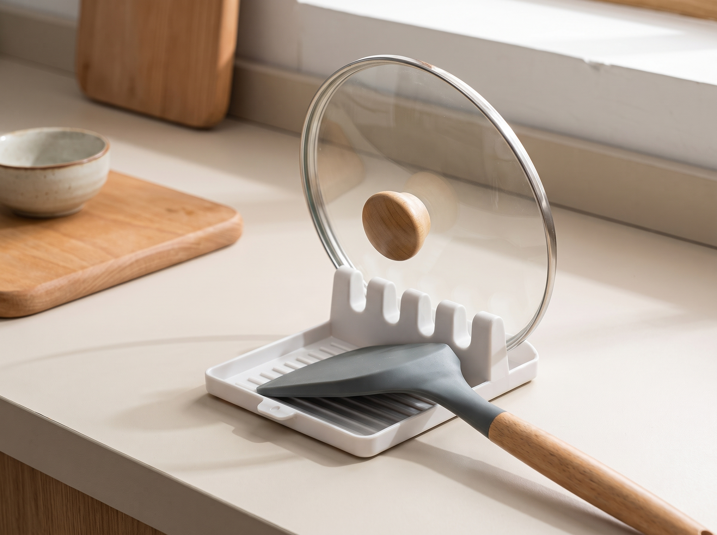 Non-Slip Kitchen Spoon and Lid Rest – Counter Organizer Rack in a realistic home setting