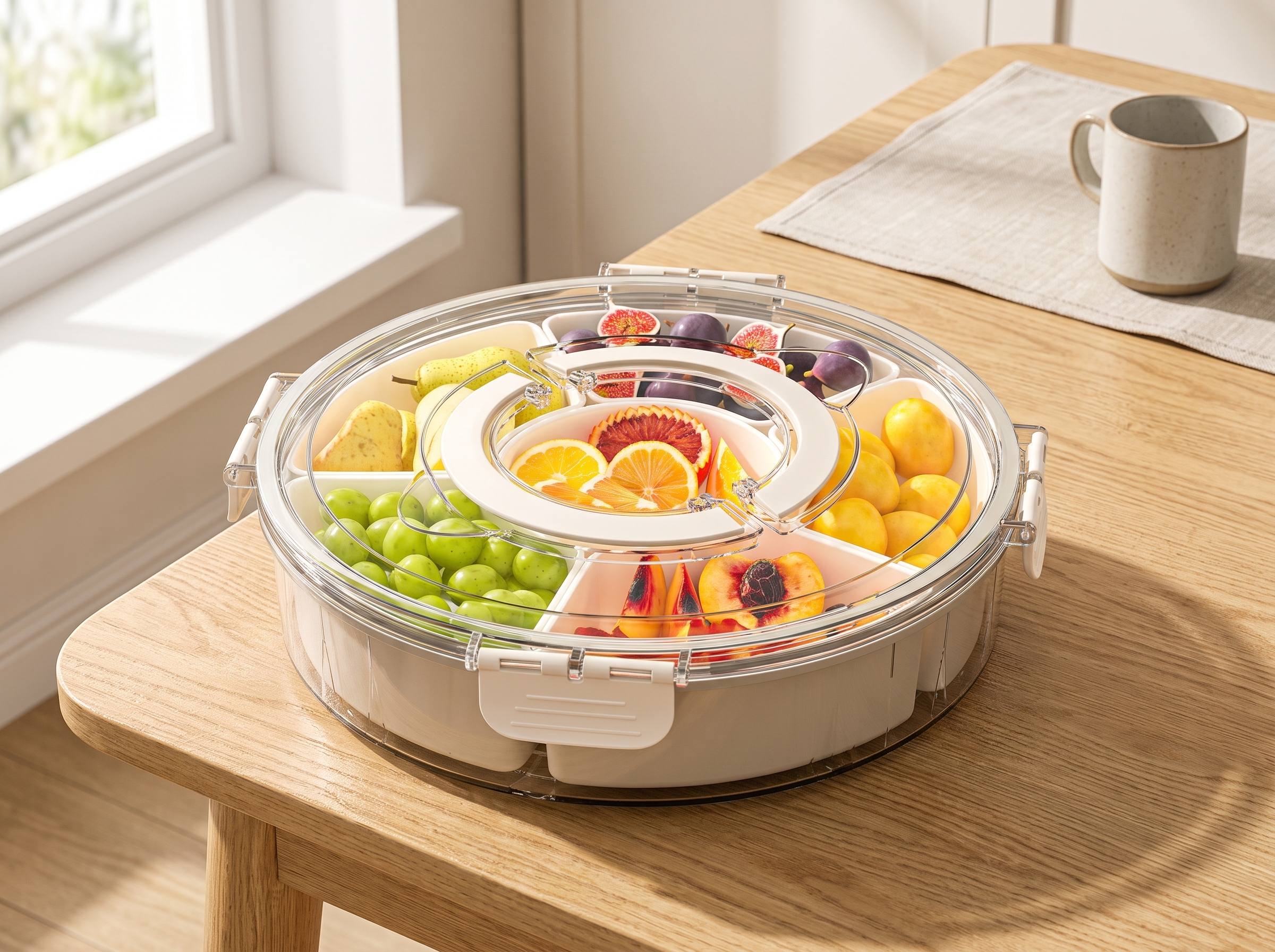 Divided Rotating Snack Tray with Lid for Fruit, Veggies, or Charcuterie in a realistic home setting