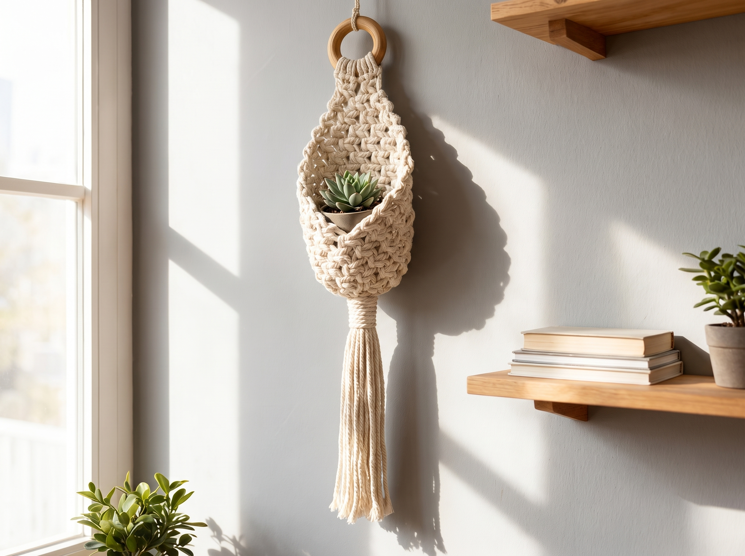 Cotton Rope Hanging Wall Basket with Boho Tassel – Creamy White in a realistic home setting