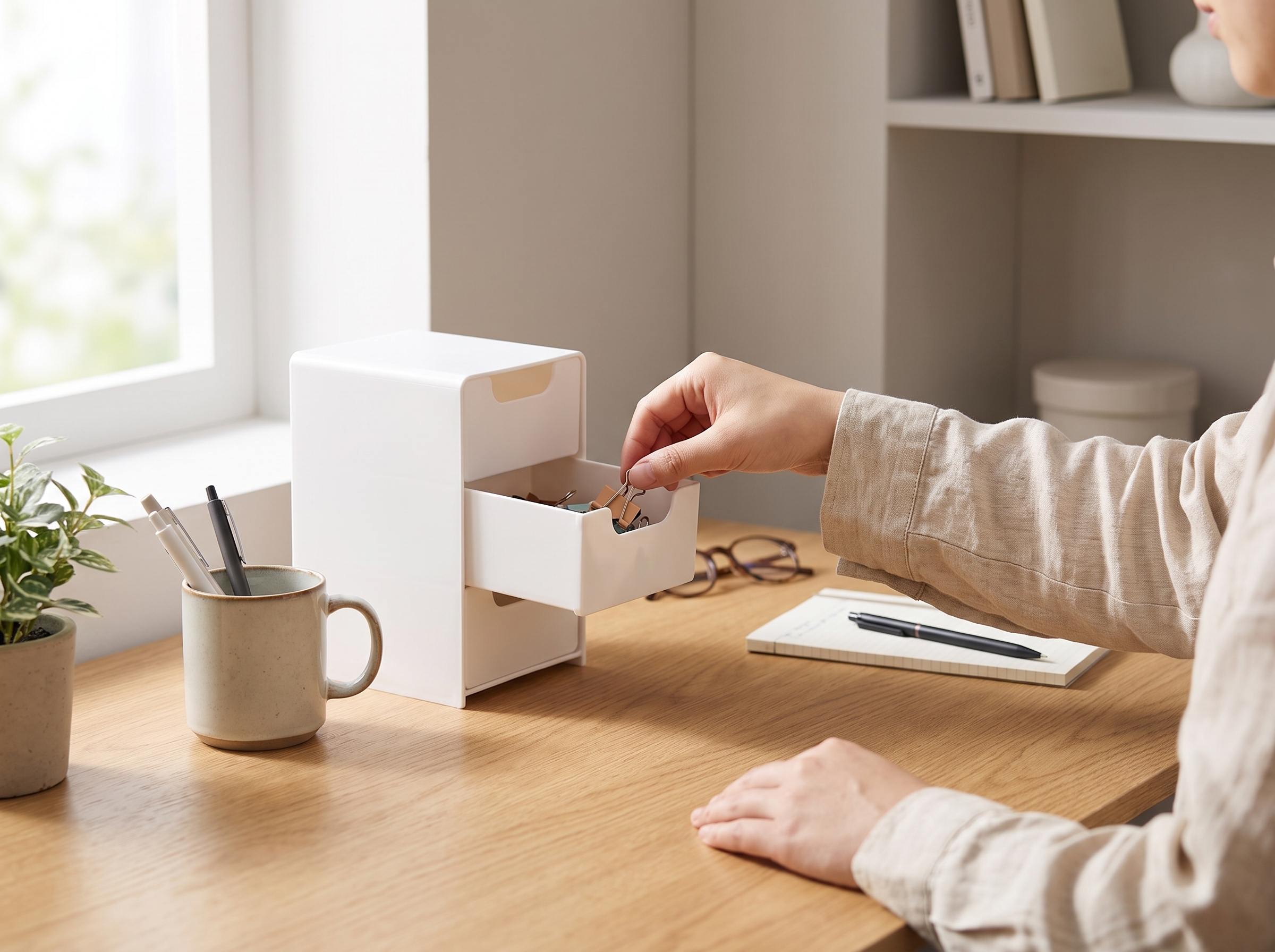 3-Tier Mini Desk Drawer Organizer – White Plastic Storage for Office, Vanity, or Dorm shown in natural everyday use at home