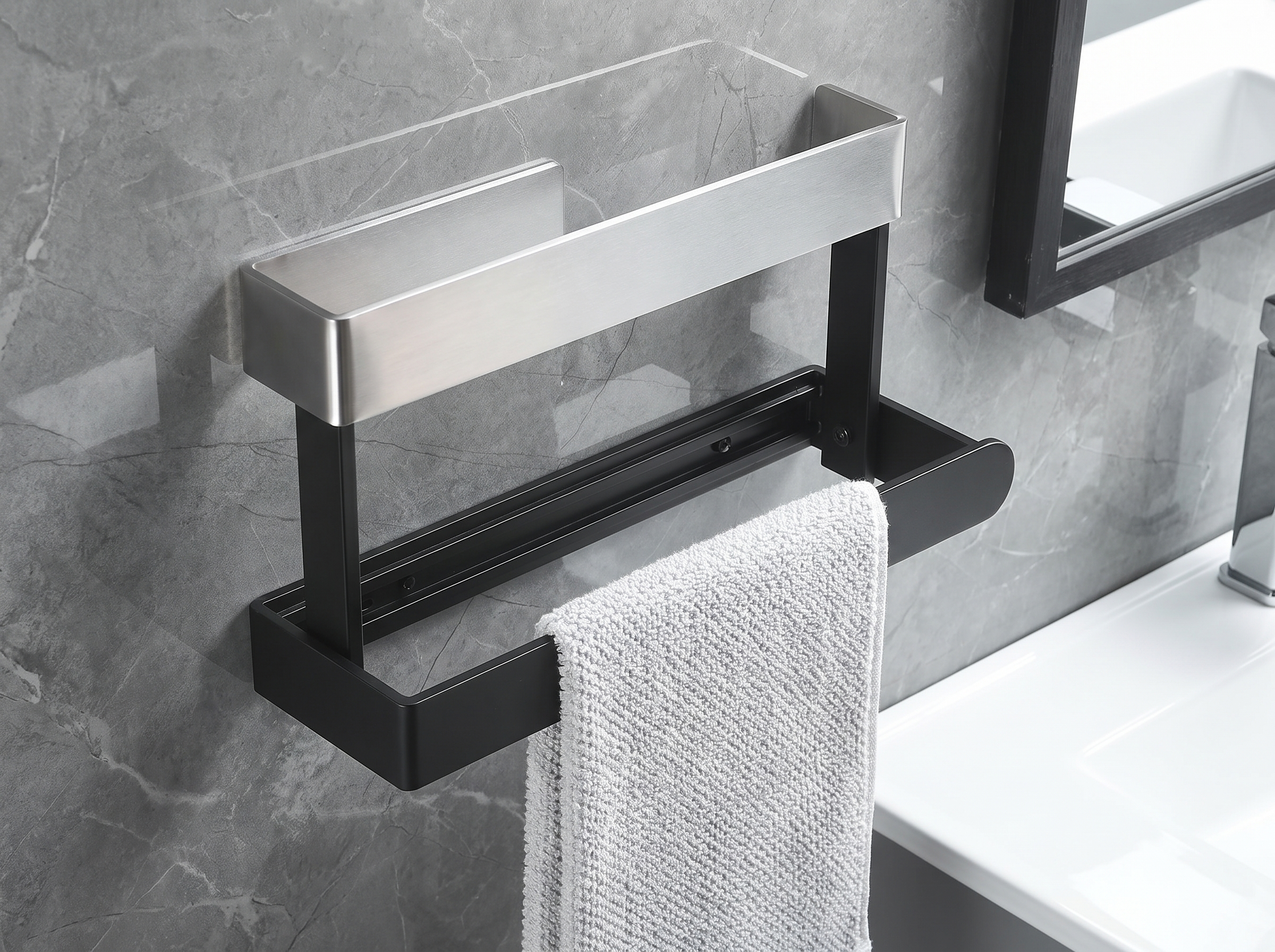 Self-Adhesive Stainless Steel Towel Rack for Bathroom & Kitchen in a realistic home setting