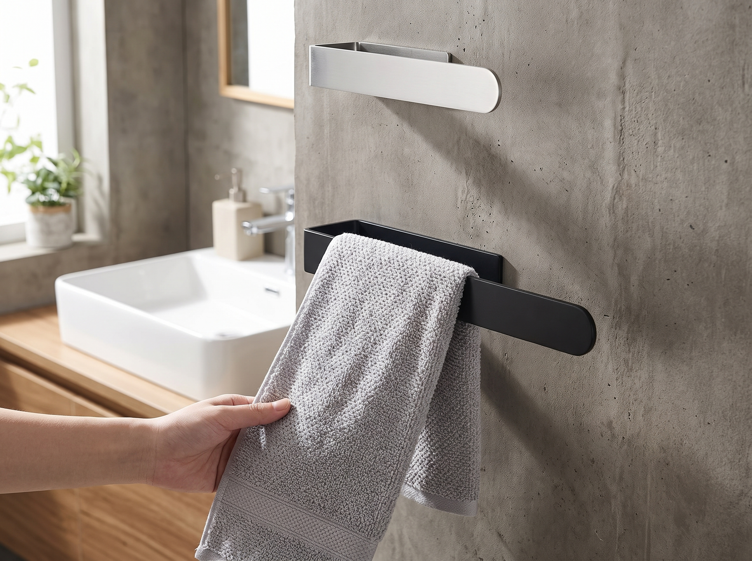 Self-Adhesive Stainless Steel Towel Rack for Bathroom & Kitchen shown in natural everyday use at home