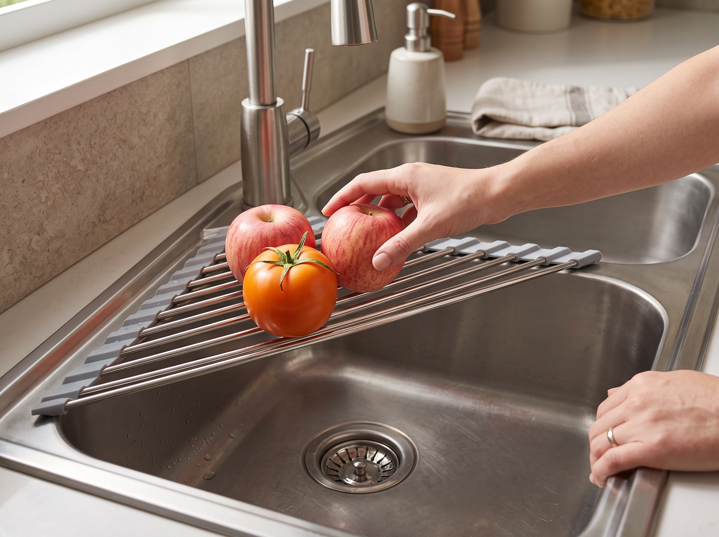 Triangular Roll-Up Sink Drying Rack for Kitchen Corners shown in natural everyday use at home