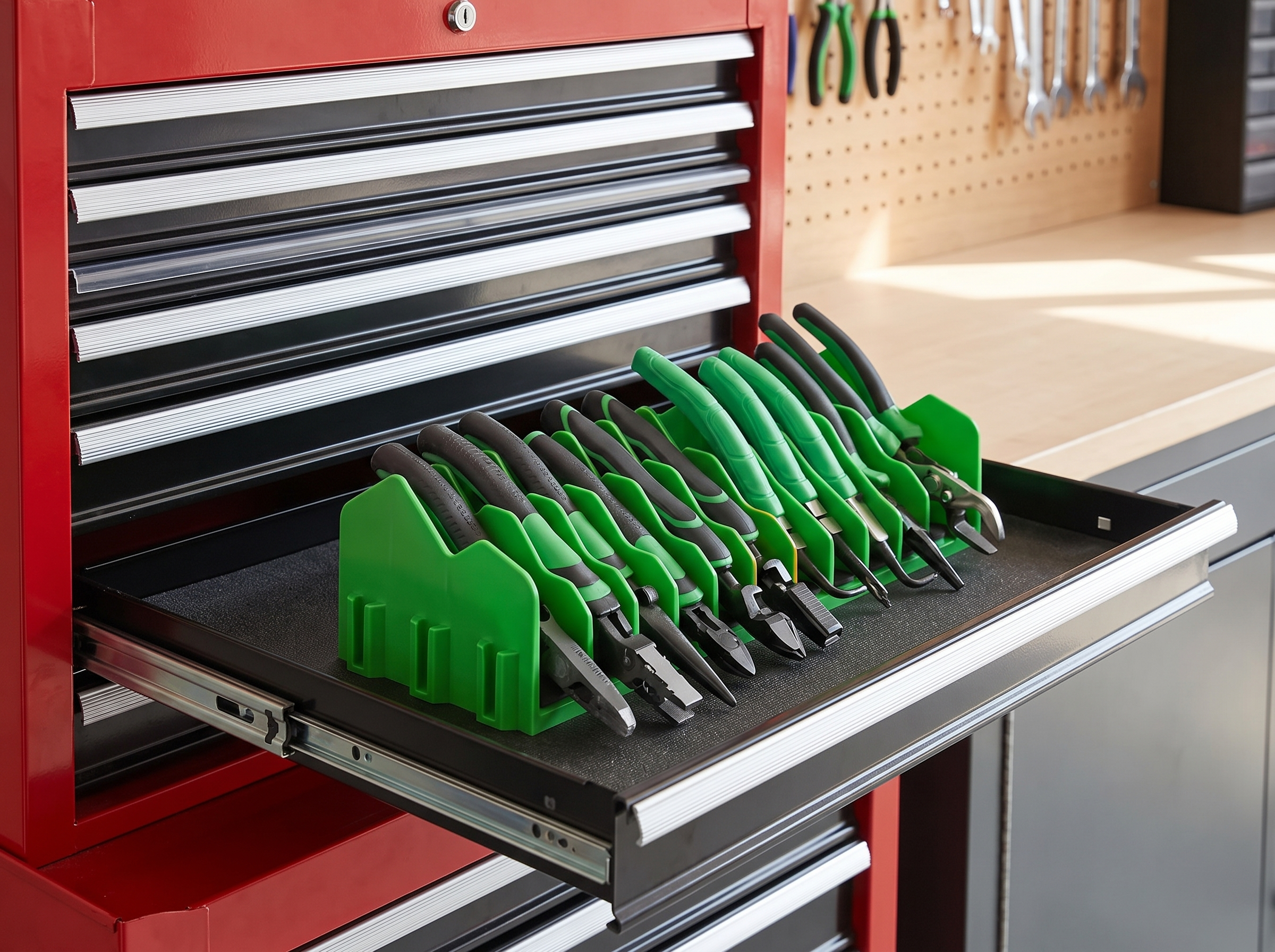 Pliers and Hand Tool Organizer Rack for Drawer or Toolbox in a realistic home setting