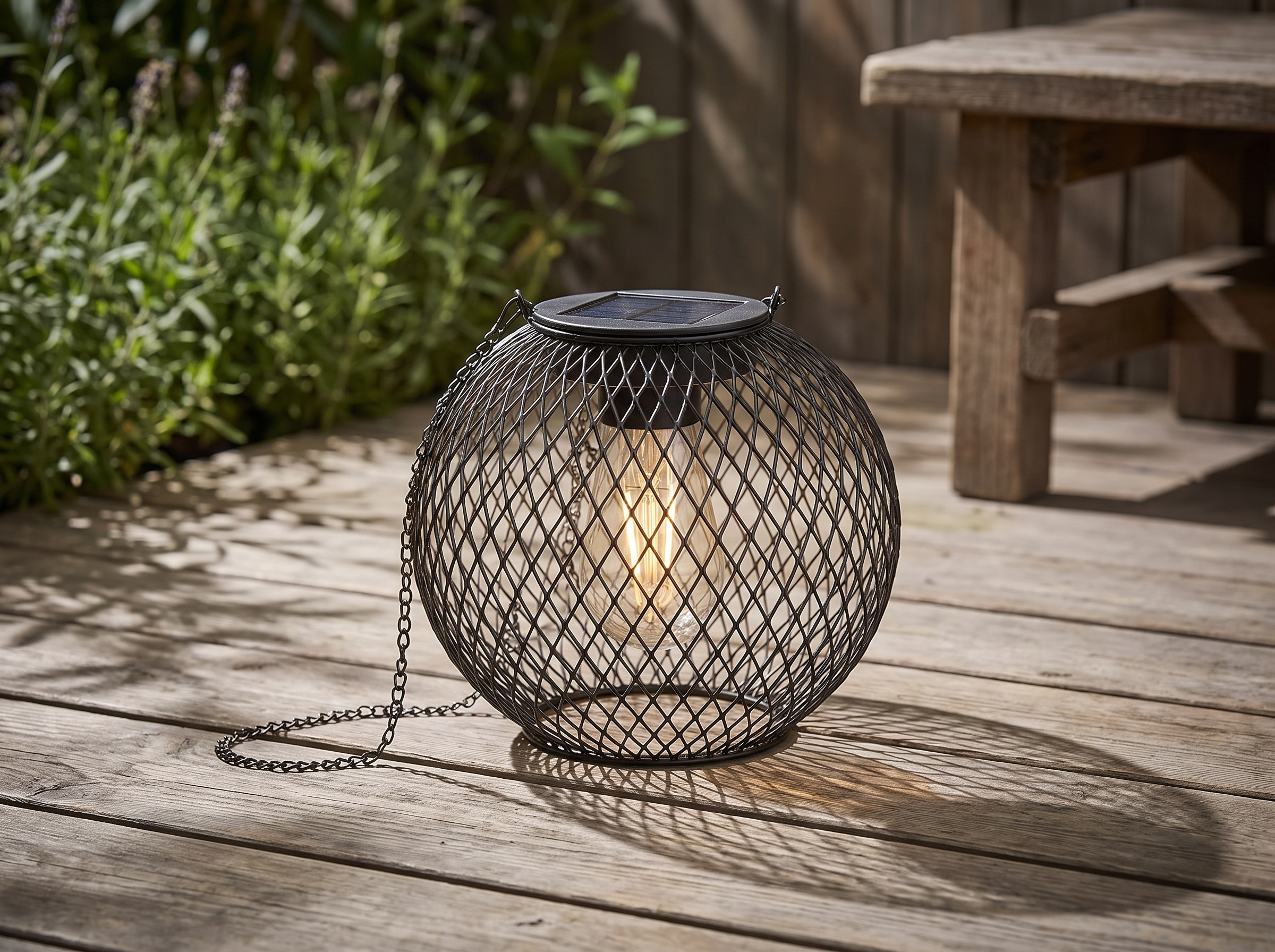 Mesh Solar Lantern for Outdoor Spaces with Hanging Chain in a realistic home setting
