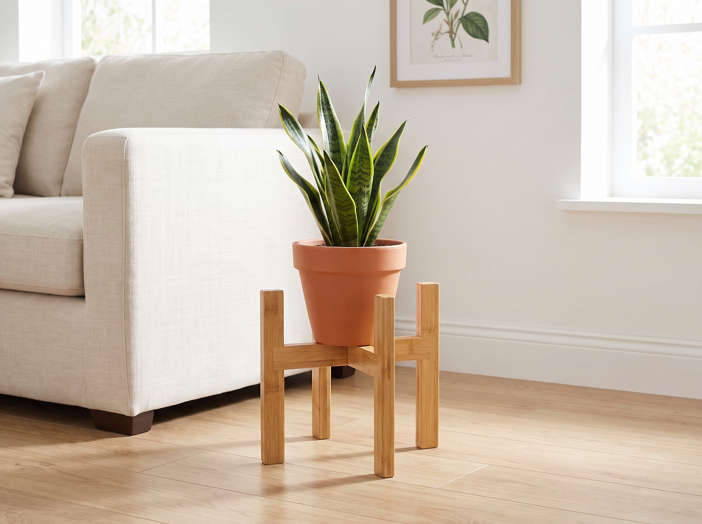 Natural Bamboo Cross Plant Stand for Indoor & Outdoor Pots in a realistic home setting