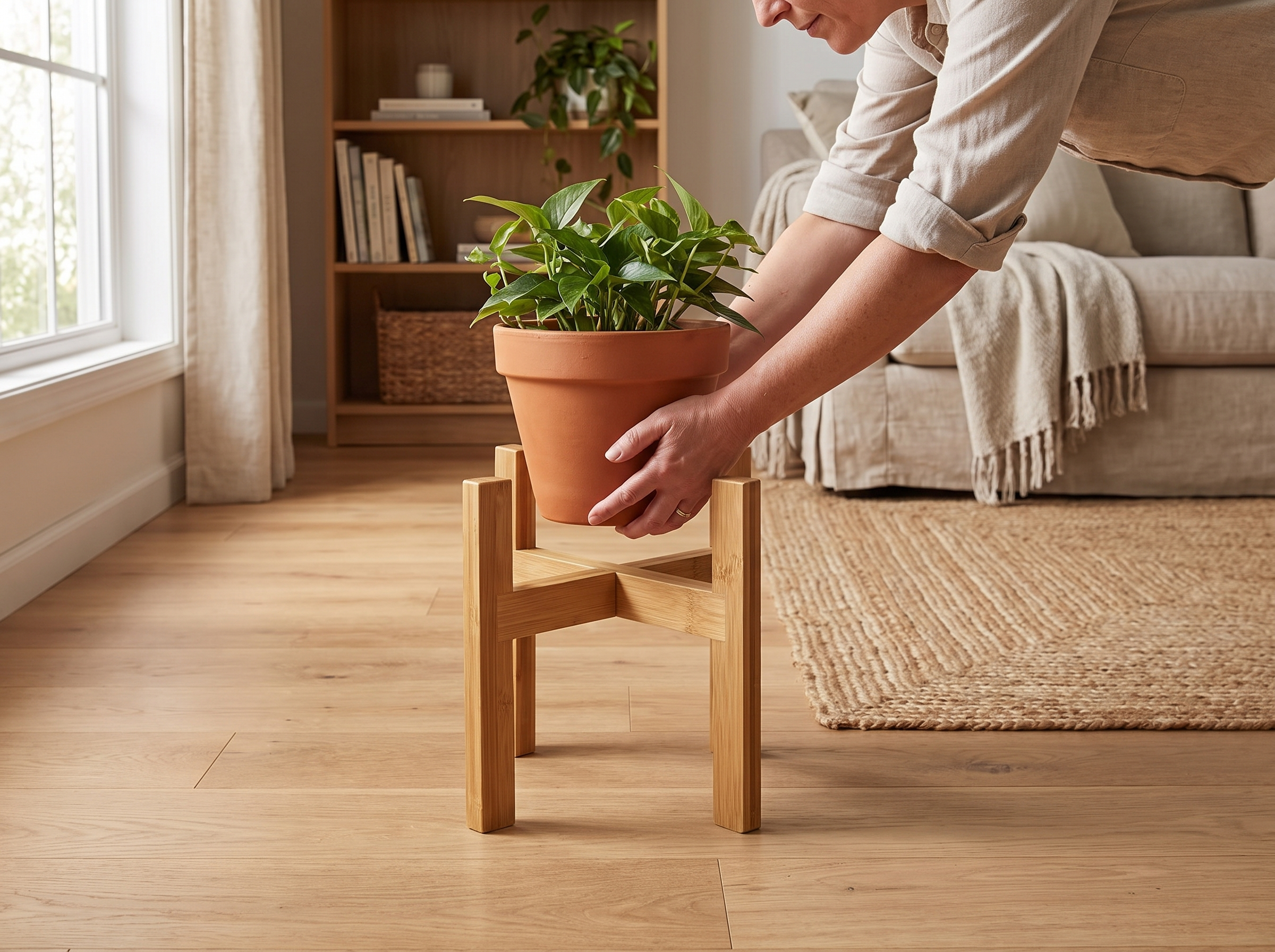 Natural Bamboo Cross Plant Stand for Indoor & Outdoor Pots shown in natural everyday use at home