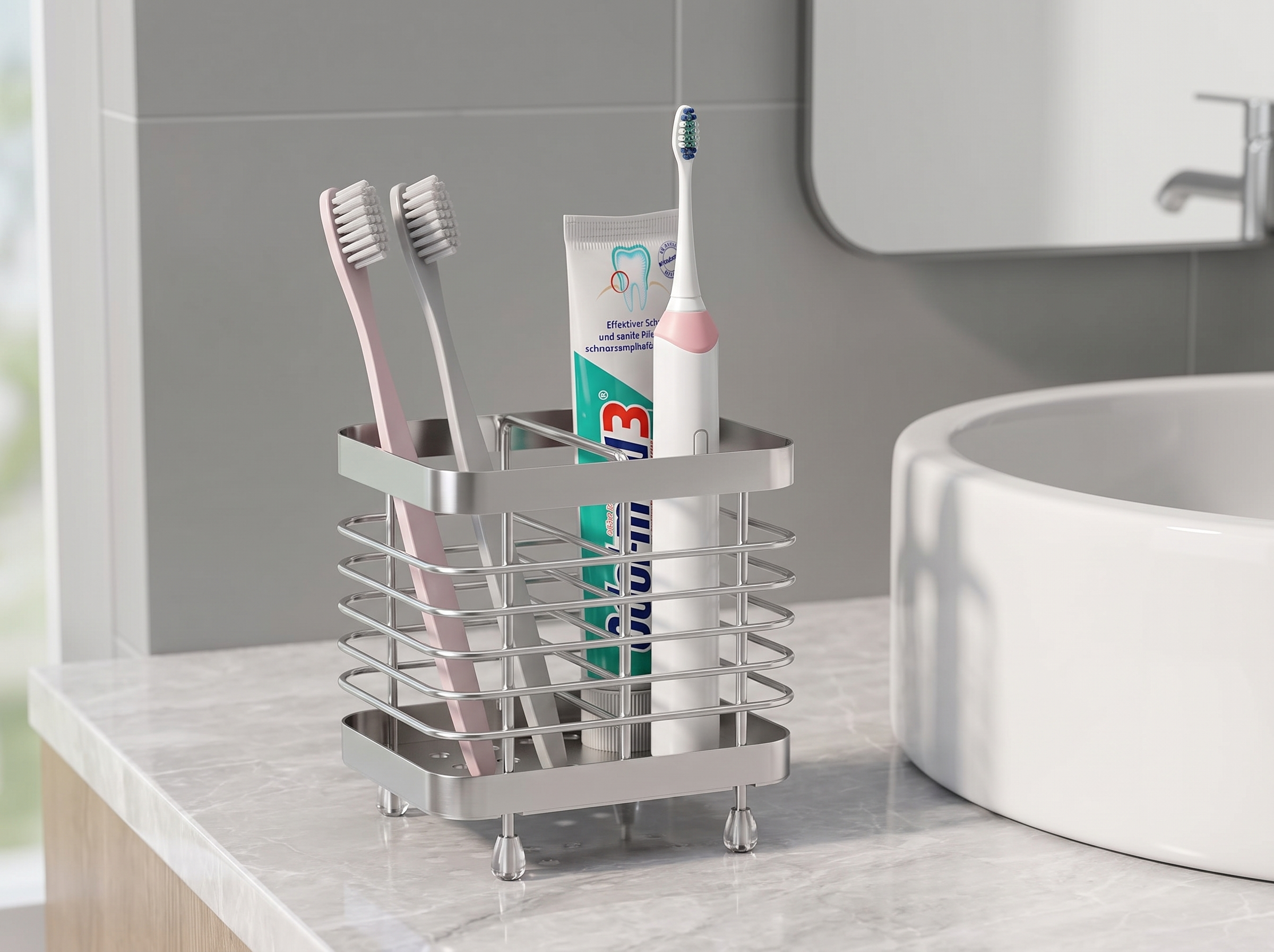 Stainless Steel Toothbrush Holder – Wall Mounted or Countertop Bathroom Organizer in a realistic home setting