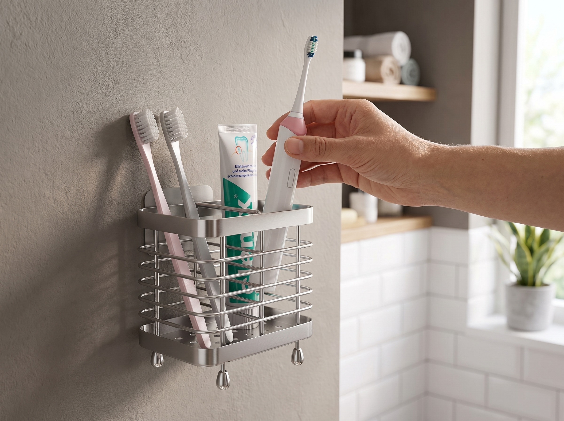 Stainless Steel Toothbrush Holder – Wall Mounted or Countertop Bathroom Organizer shown in natural everyday use at home
