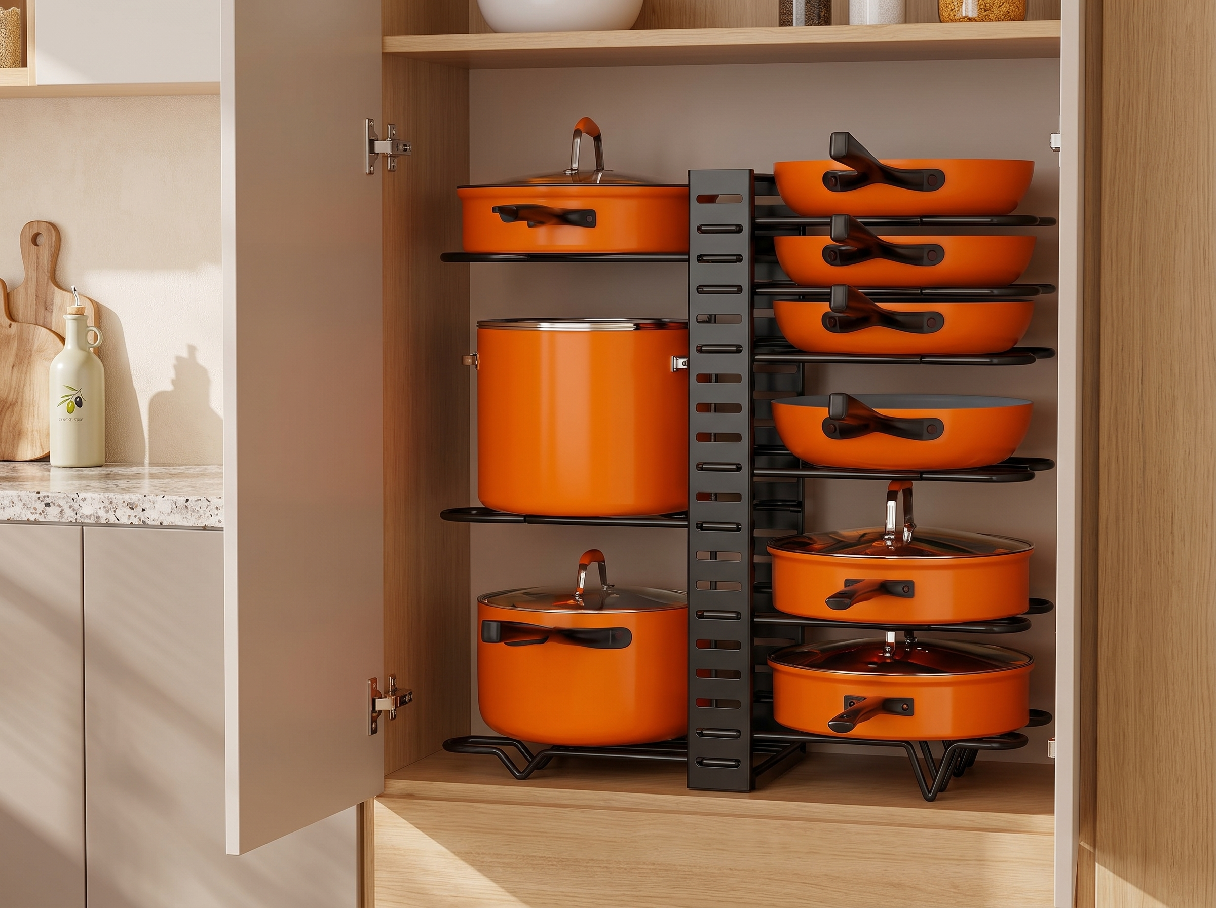 8-Tier Adjustable Pot & Pan Organizer Rack for Kitchen Cabinets in a realistic home setting