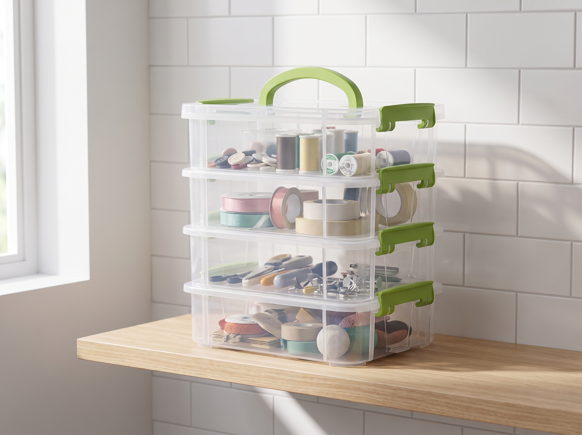 Stackable Clear Storage Box with Carry Handle for Home Organization in a realistic home setting