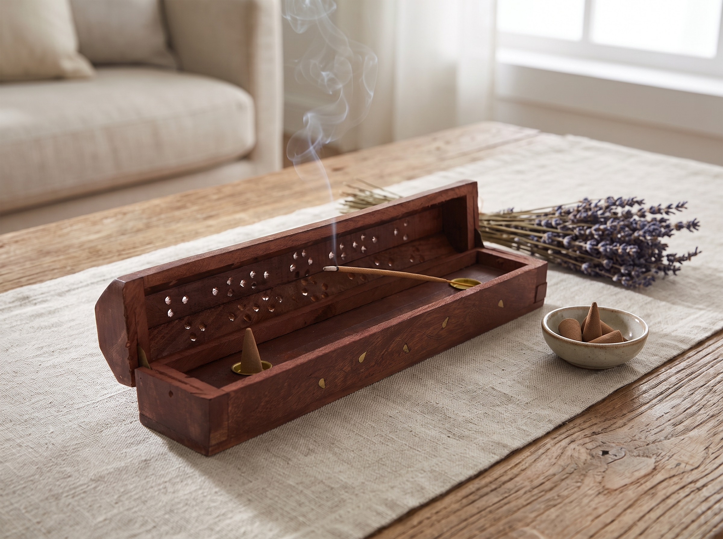 Handmade Wooden Incense Holder Box with Storage, 26cm in a realistic home setting