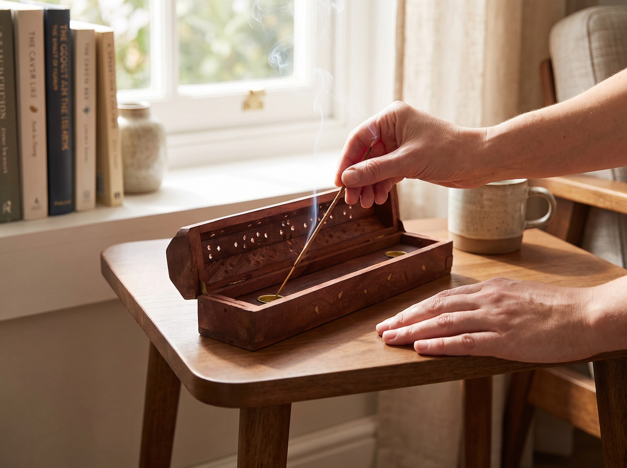 Handmade Wooden Incense Holder Box with Storage, 26cm shown in natural everyday use at home