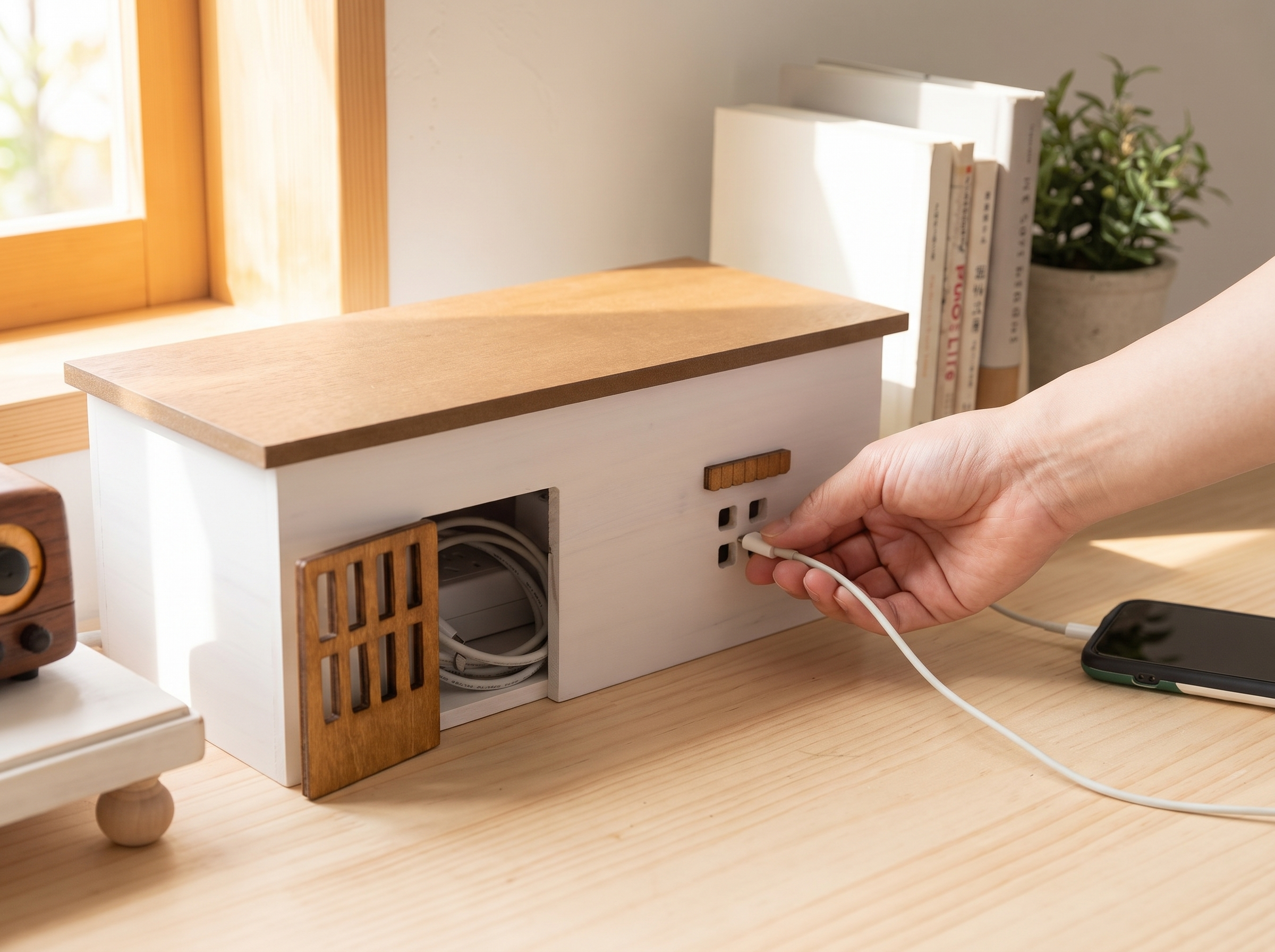 Wooden Cord Organizer Box – Cottage Design for Desk & TV Area shown in natural everyday use at home