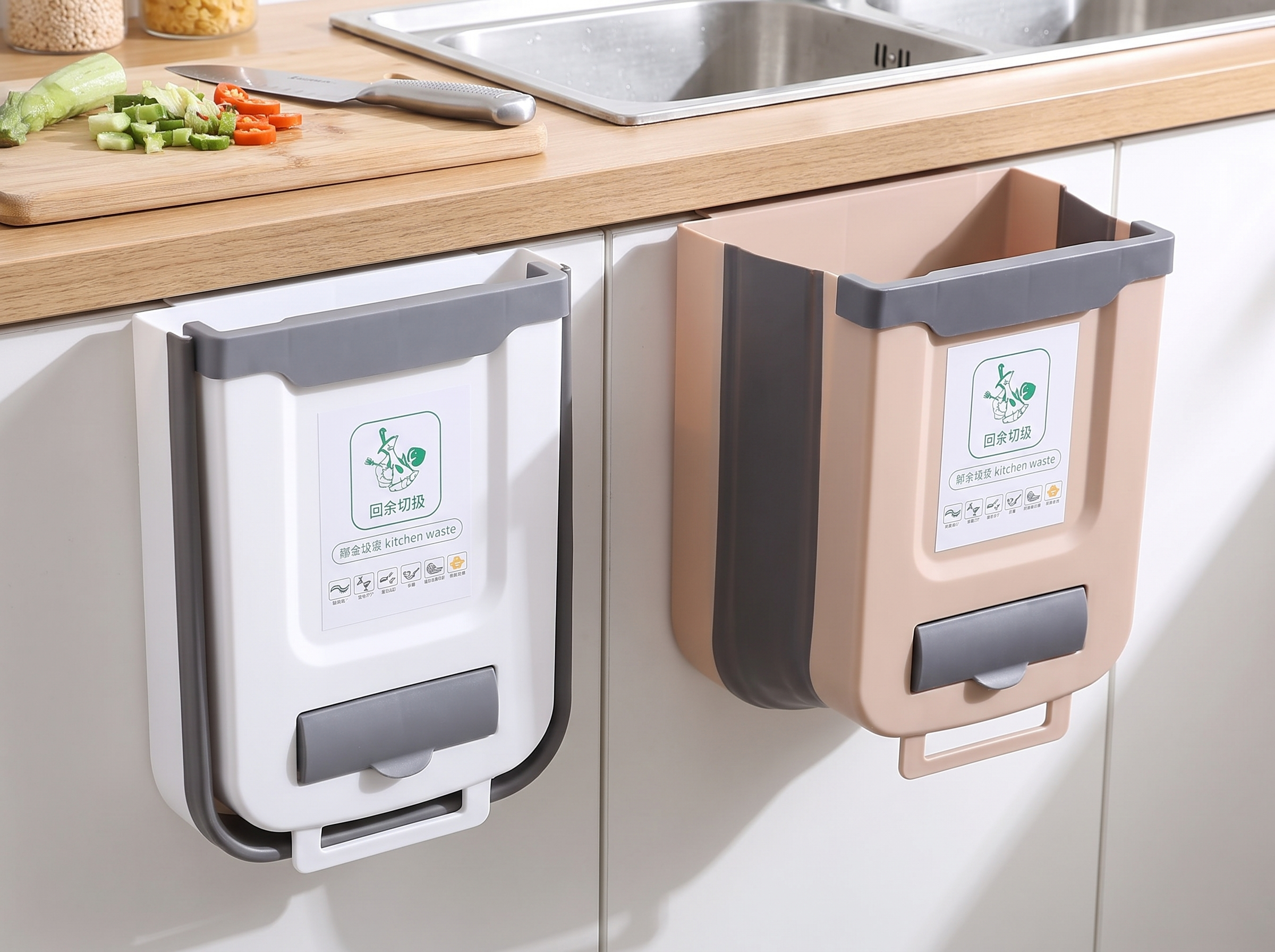 Folding Wall-Mounted Kitchen Trash Bin for Cabinet Doors in a realistic home setting