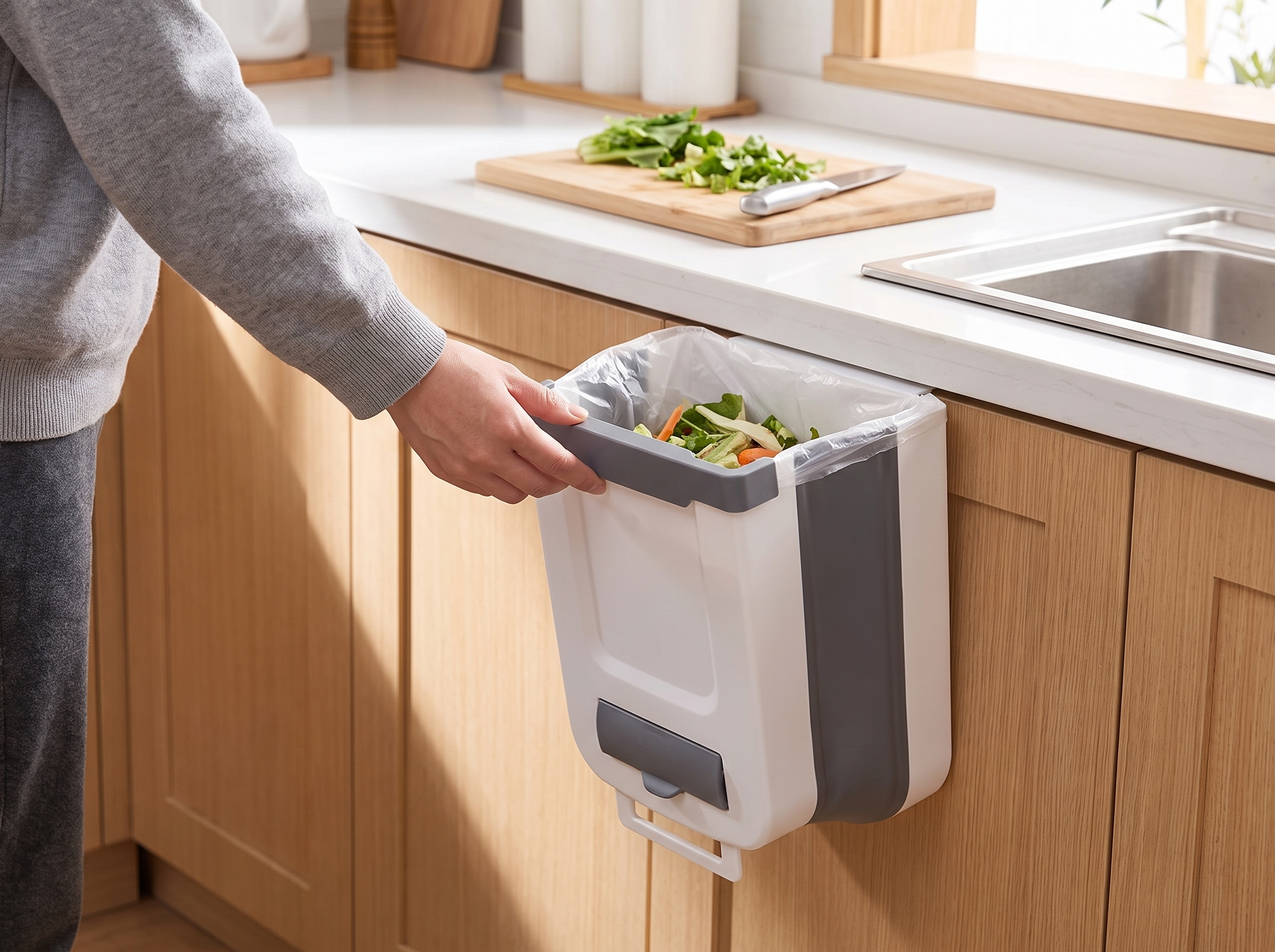 Folding Wall-Mounted Kitchen Trash Bin for Cabinet Doors shown in natural everyday use at home