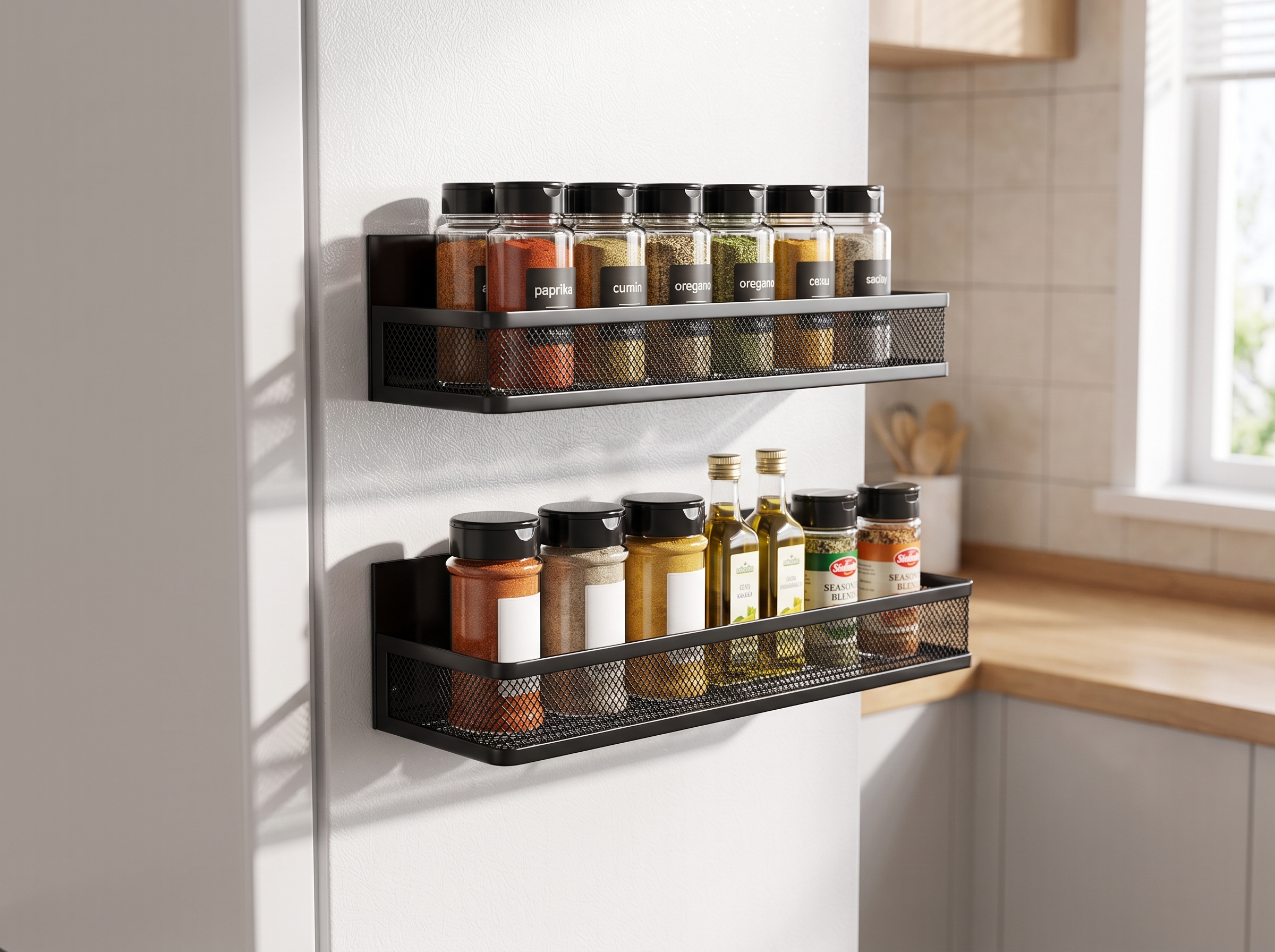 Magnetic Metal Spice Rack Set for Fridge or Oven – Kitchen Organization in a realistic home setting