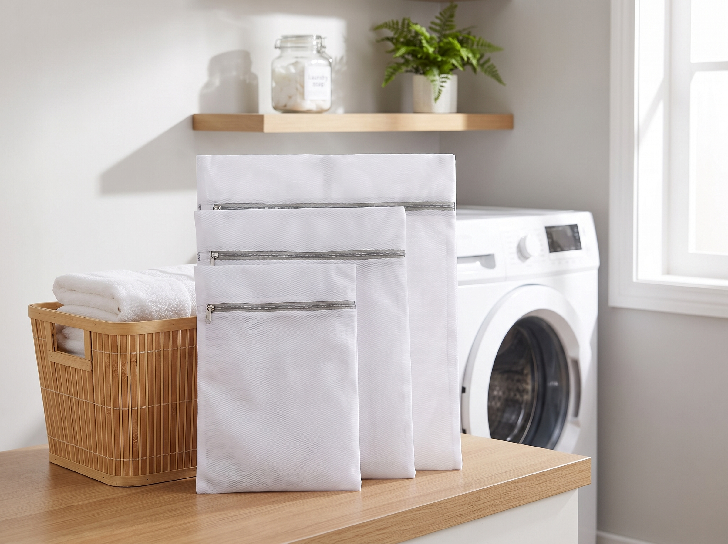 Mesh Laundry Bags with Zipper for Washing Machine (Single or 4-Pack) in a realistic home setting