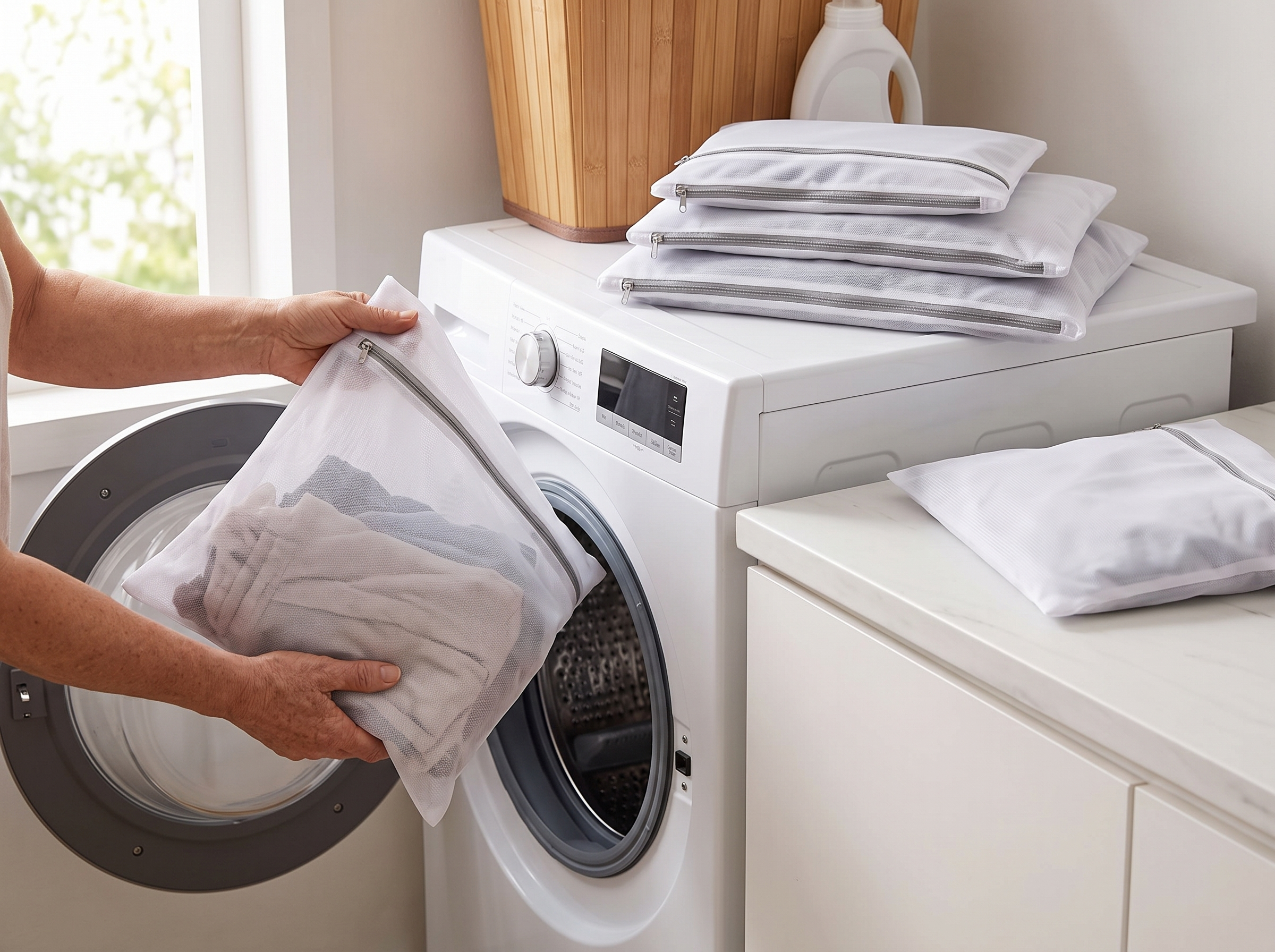 Mesh Laundry Bags with Zipper for Washing Machine (Single or 4-Pack) shown in natural everyday use at home