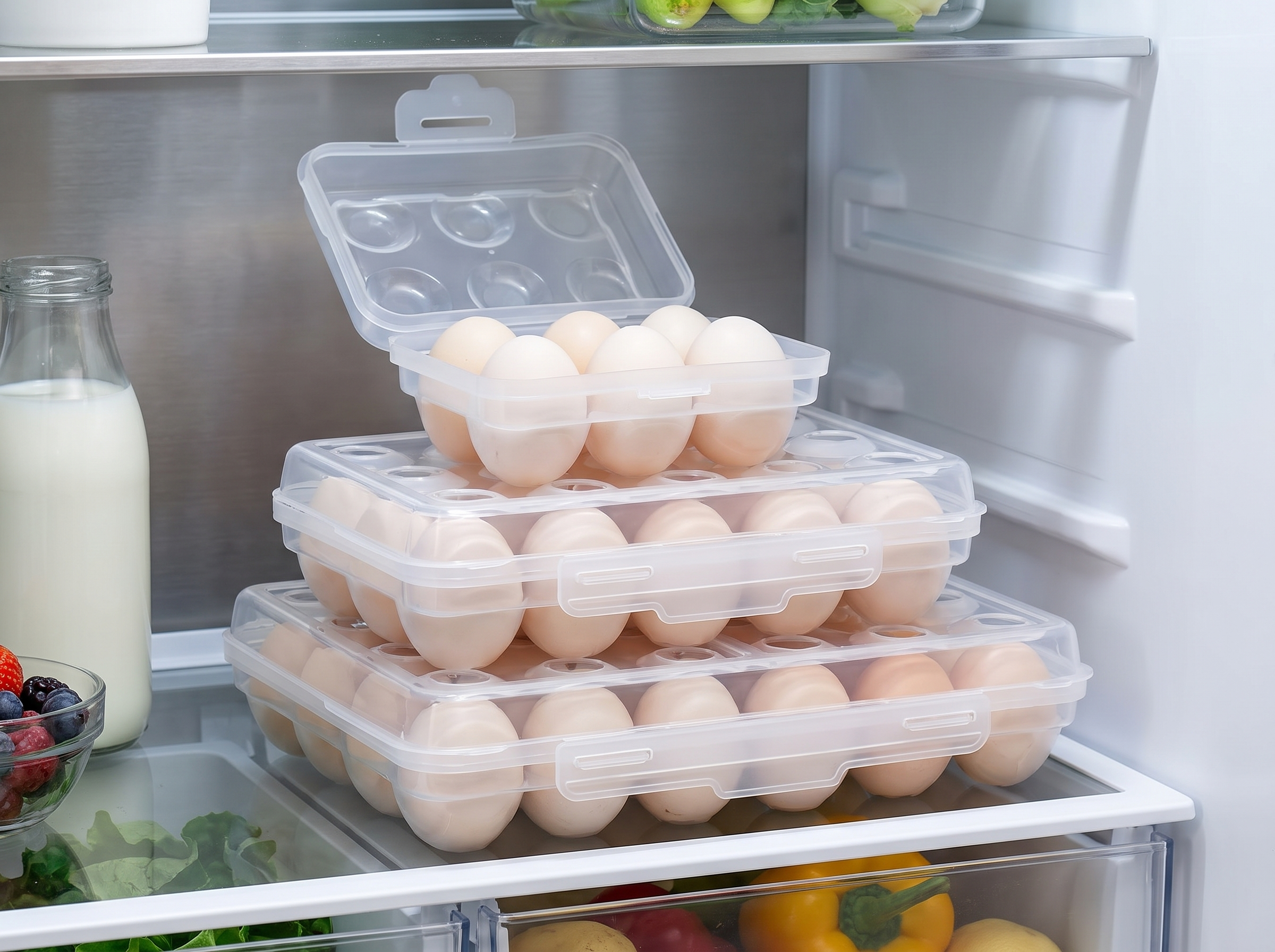 Stackable Plastic Egg Holder with Lid for Fridge or Travel in a realistic home setting