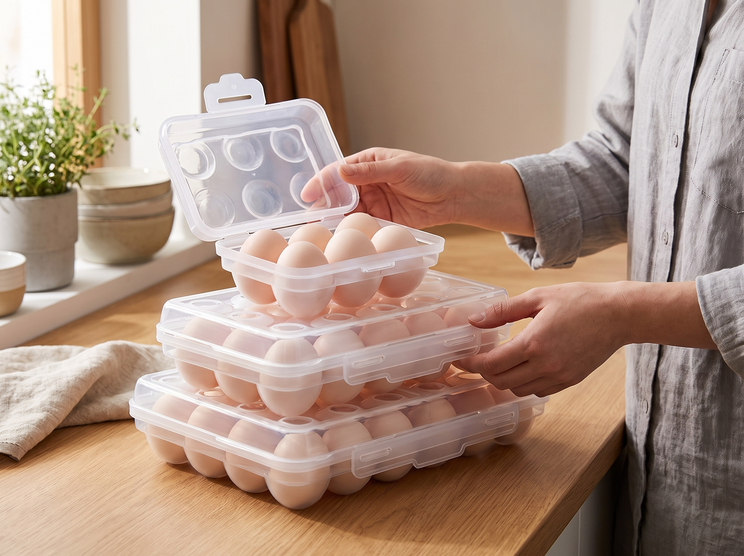 Stackable Plastic Egg Holder with Lid for Fridge or Travel shown in natural everyday use at home