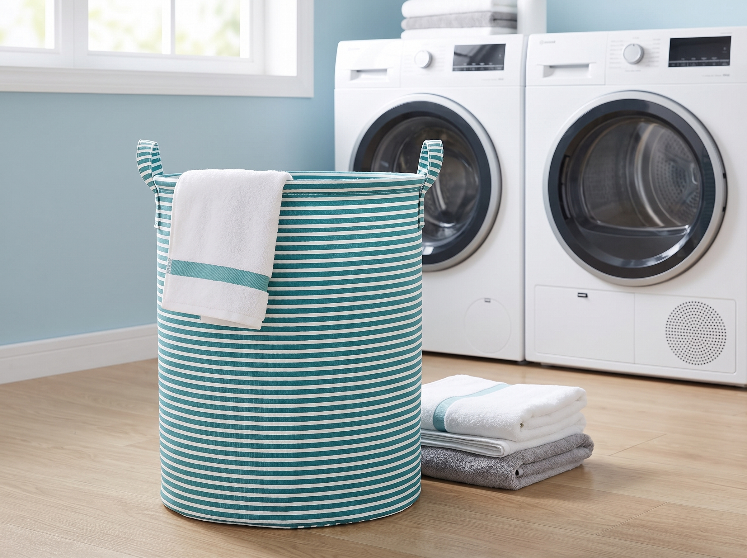 Foldable Striped Laundry Basket with Handles – Multi-Use Storage Bin in a realistic home setting