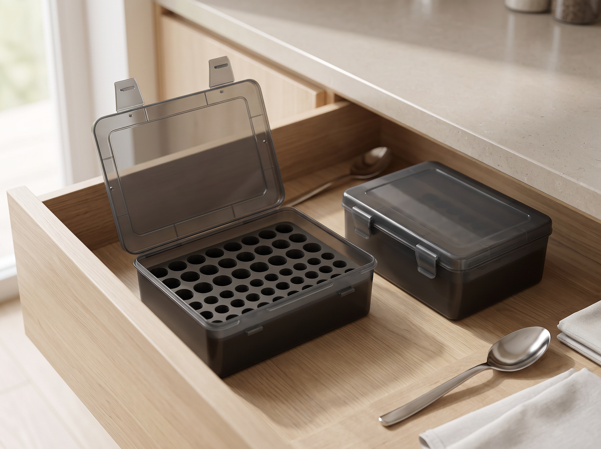 54-Slot Battery Organizer Box for AA AAA Home Drawer Storage in a realistic home setting