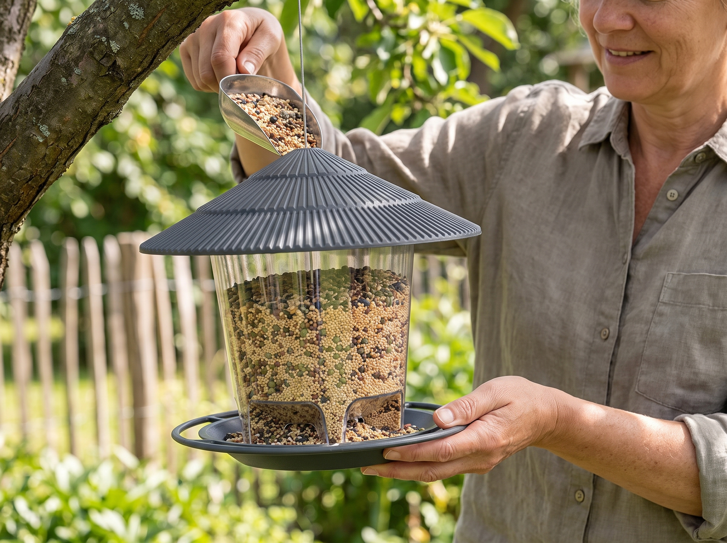 Hanging Outdoor Bird Feeder with Multi-Perch Design shown in natural everyday use at home