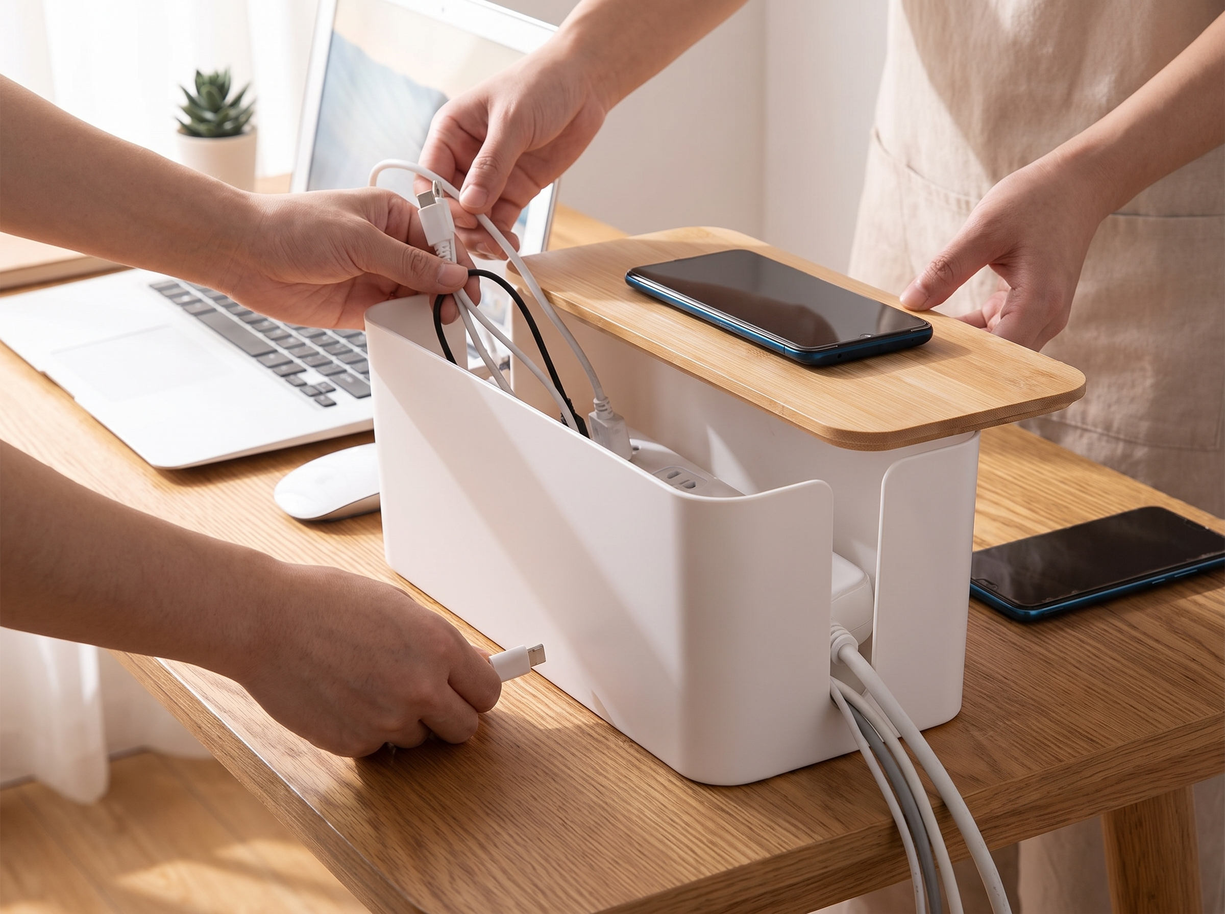 Bamboo Lid Cable Management Box for Desk & Nightstand Organization shown in natural everyday use at home