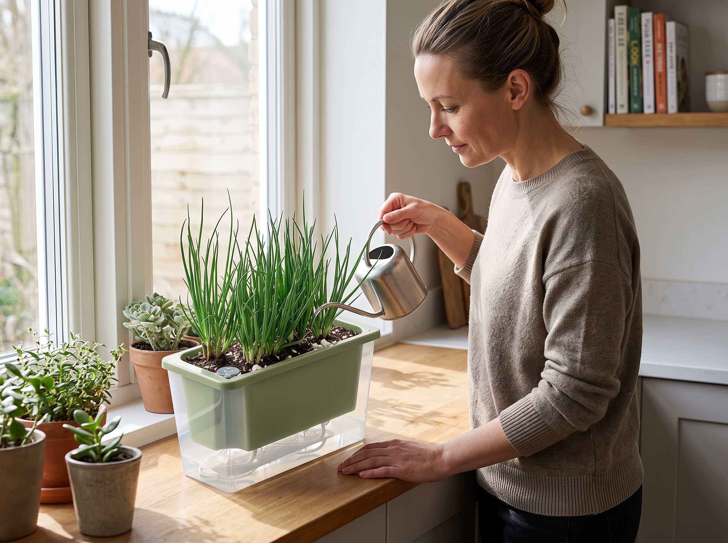 Self-Watering Rectangular Planter Box for Indoor Windowsills & Balconies shown in natural everyday use at home