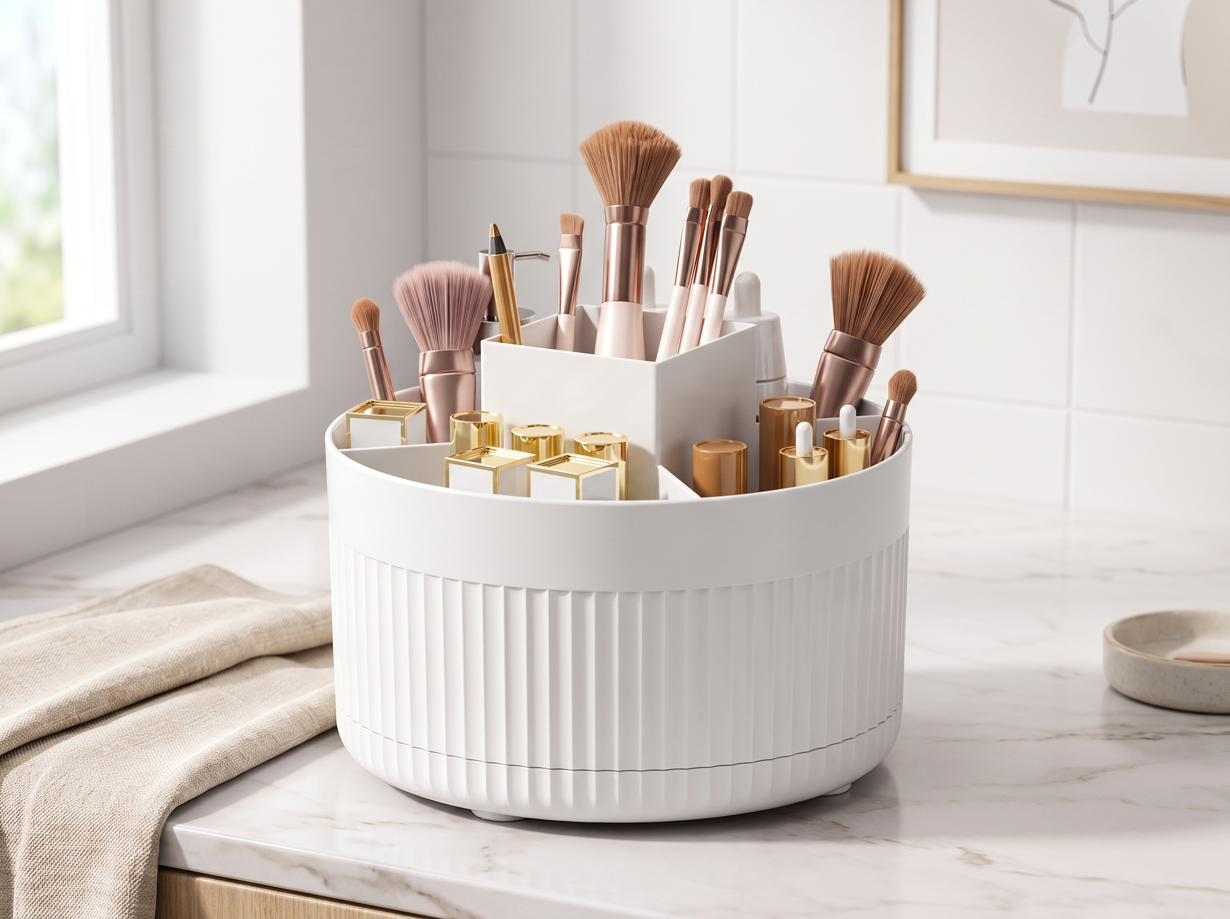 Rotating Makeup Organizer with Compartments for Vanity or Desk in a realistic home setting